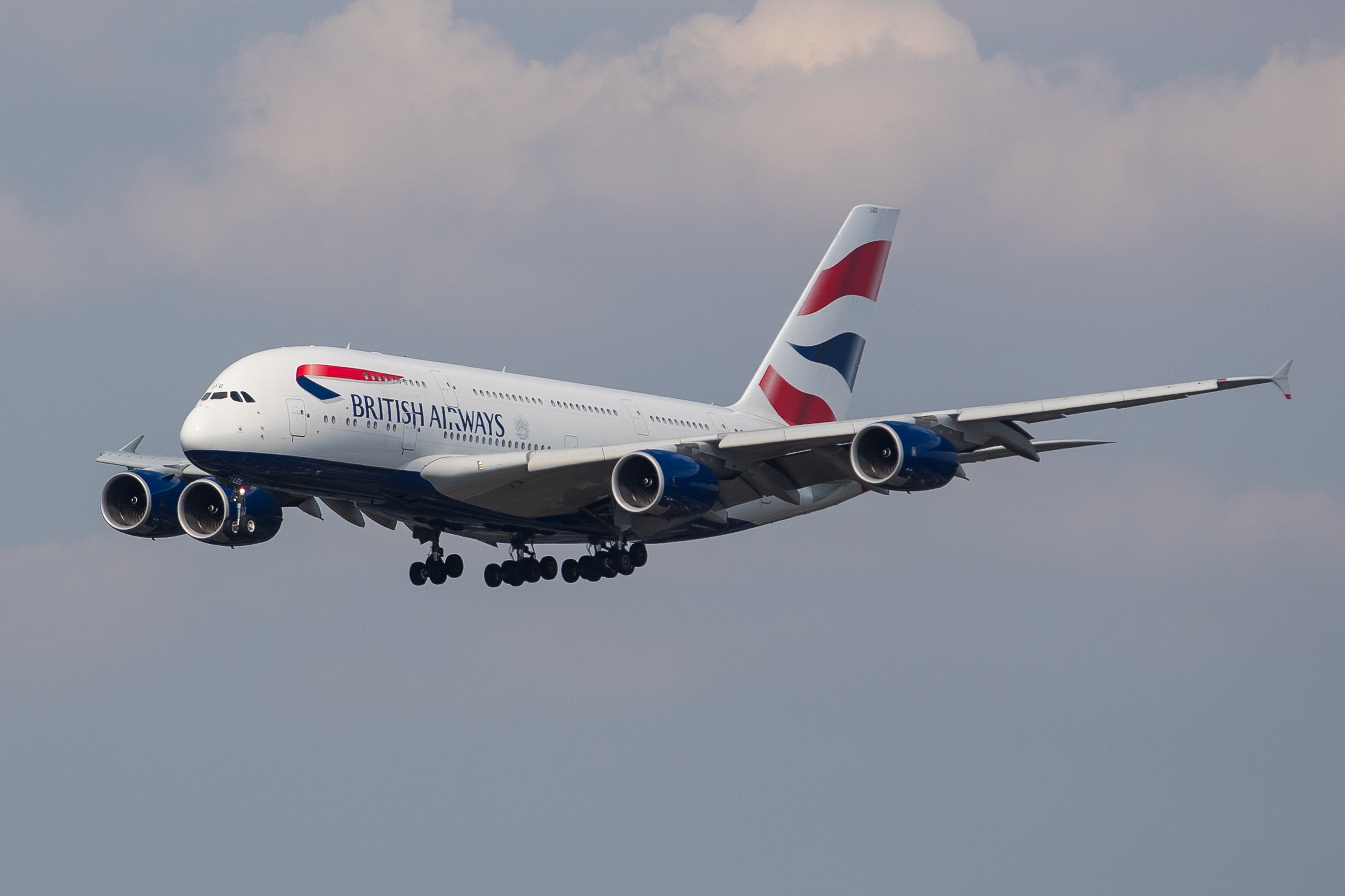A British Airways A380 flying in the sky.