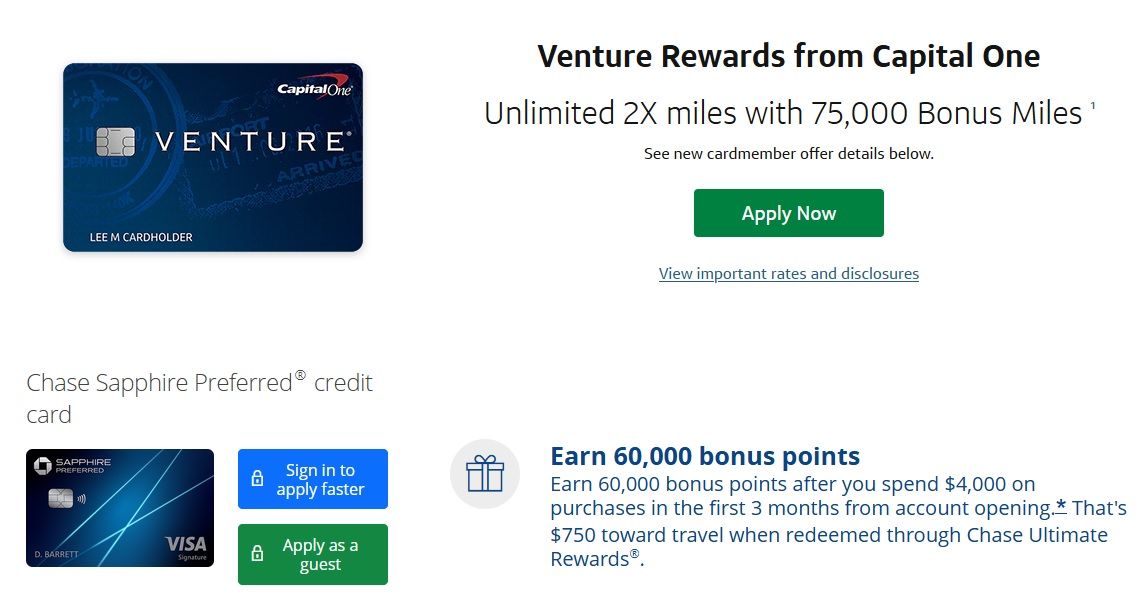Capital One Venture Rewards card and Chase Sapphire Preferred card website screenshots.