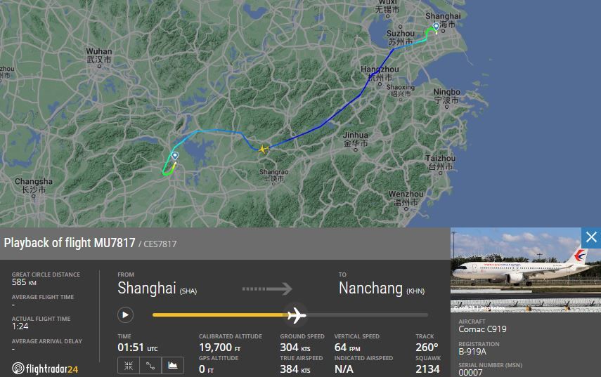 Shanghai to Nanchang COMAC flight map