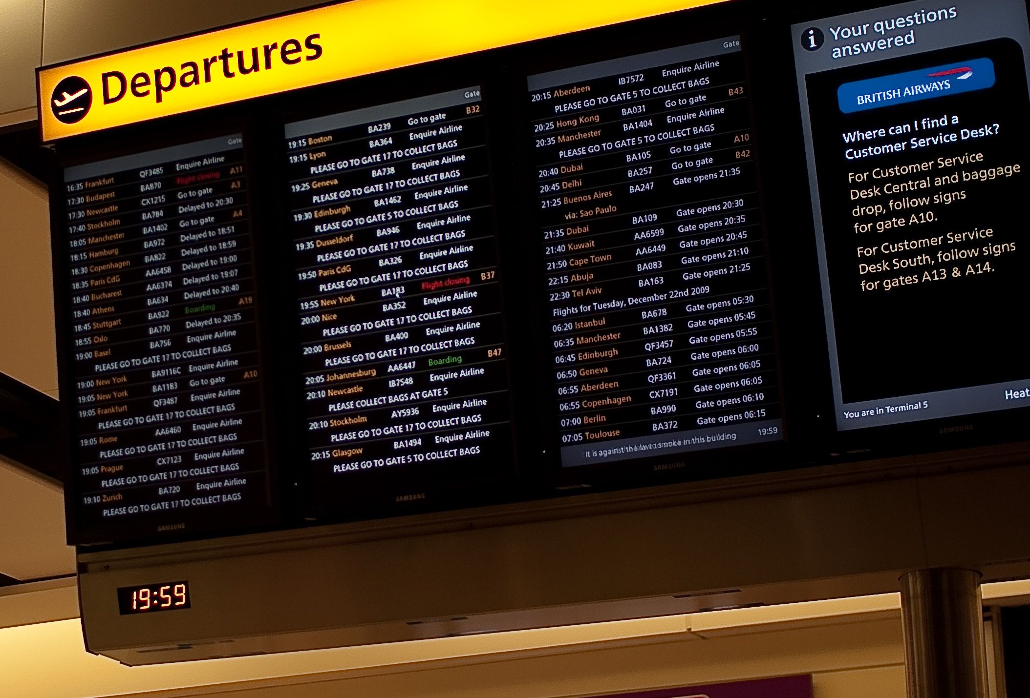 An Airport Departures board. 