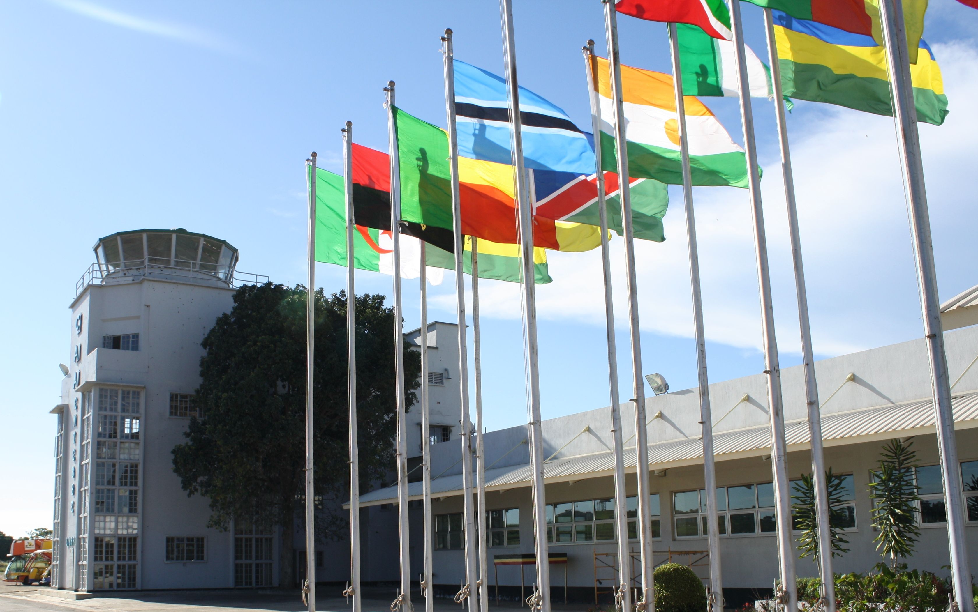 Terminal at Entebbe International with flags of African nations