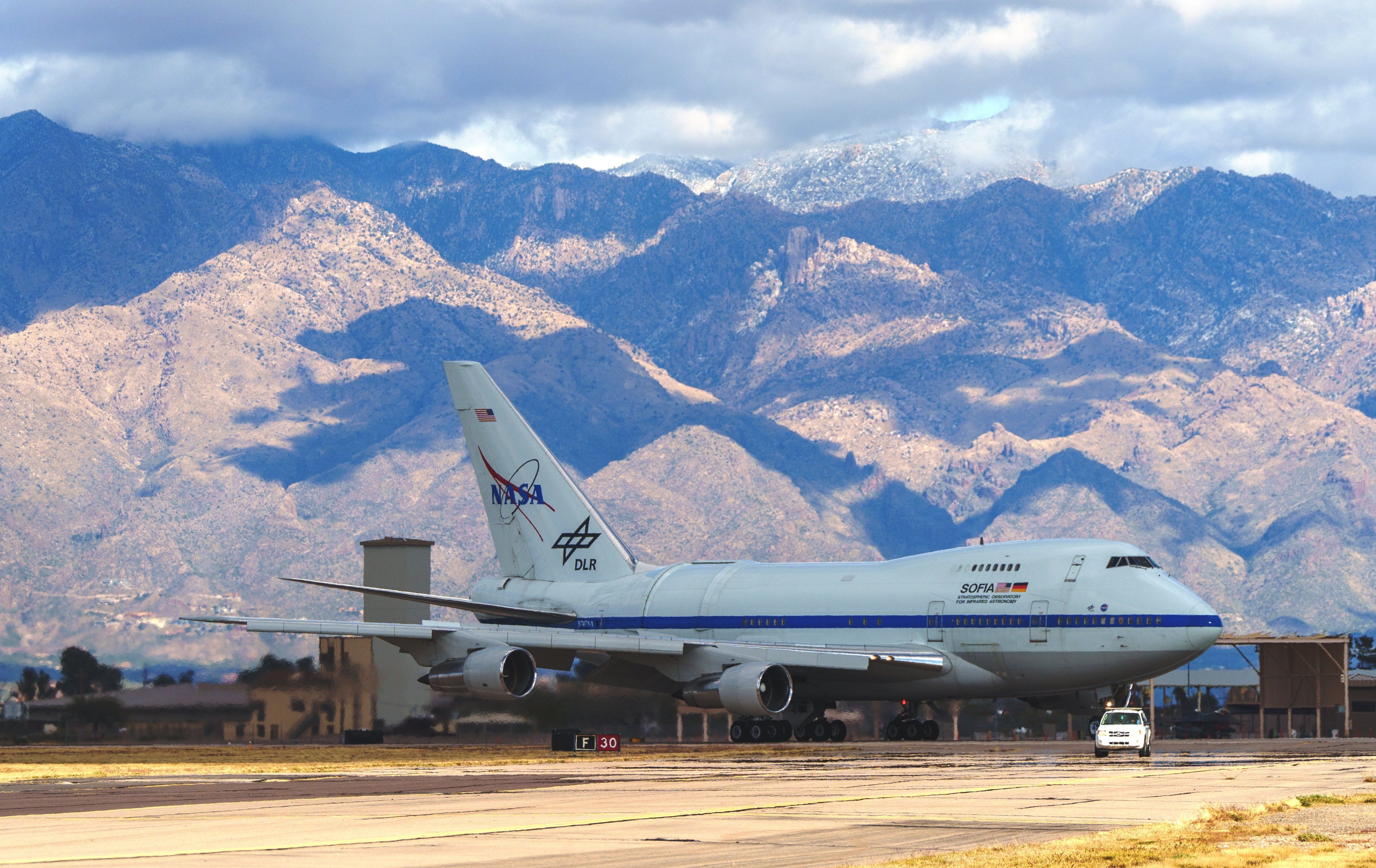 NASA's Boeing 747 SOFIA aircraft on the ground at Tucson’s Davis-Monthan Air Force Base.