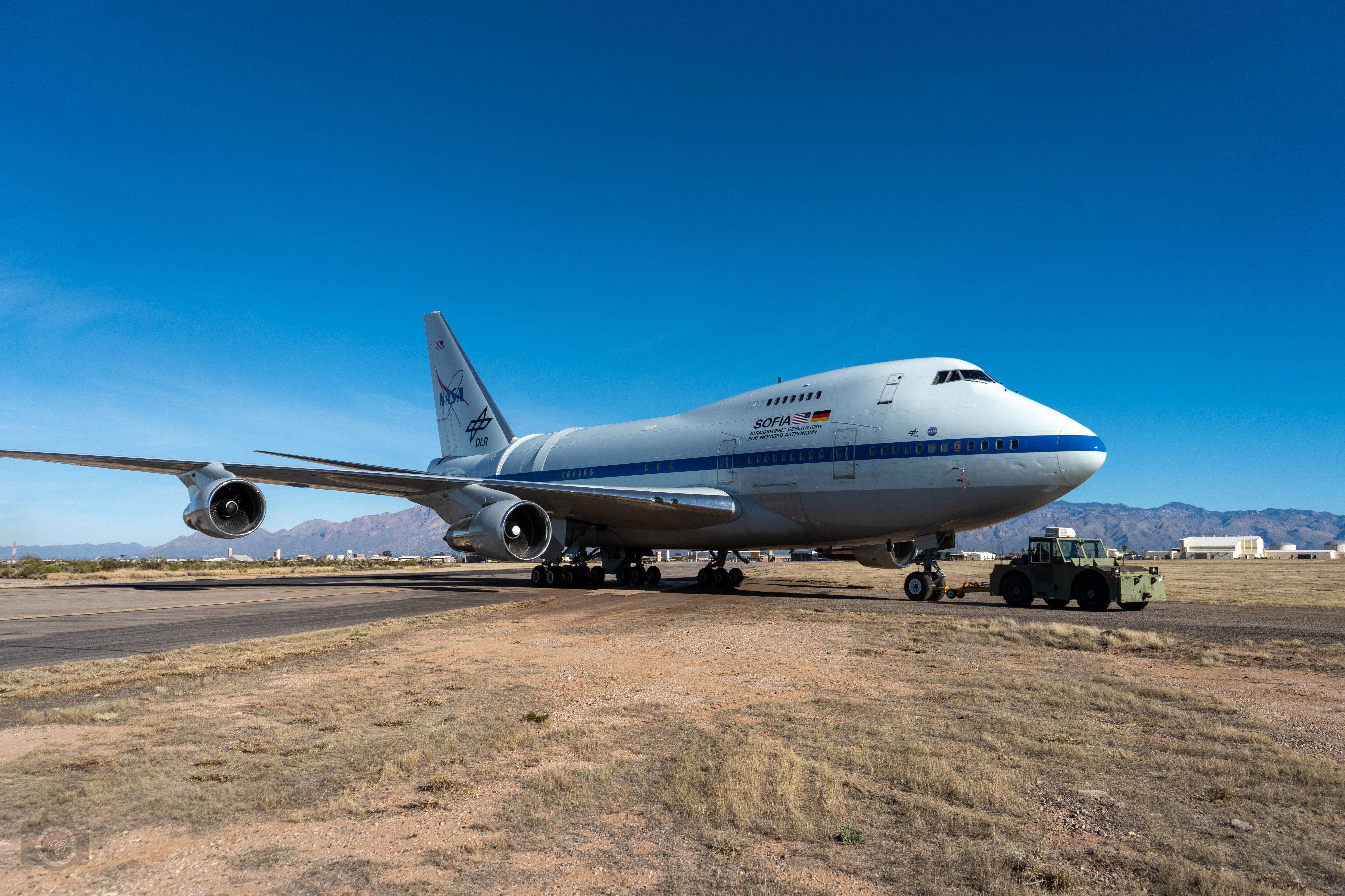 NASA's Boeing 747 SOFIA aircraft being towed at Tucson’s Davis-Monthan Air Force Base.