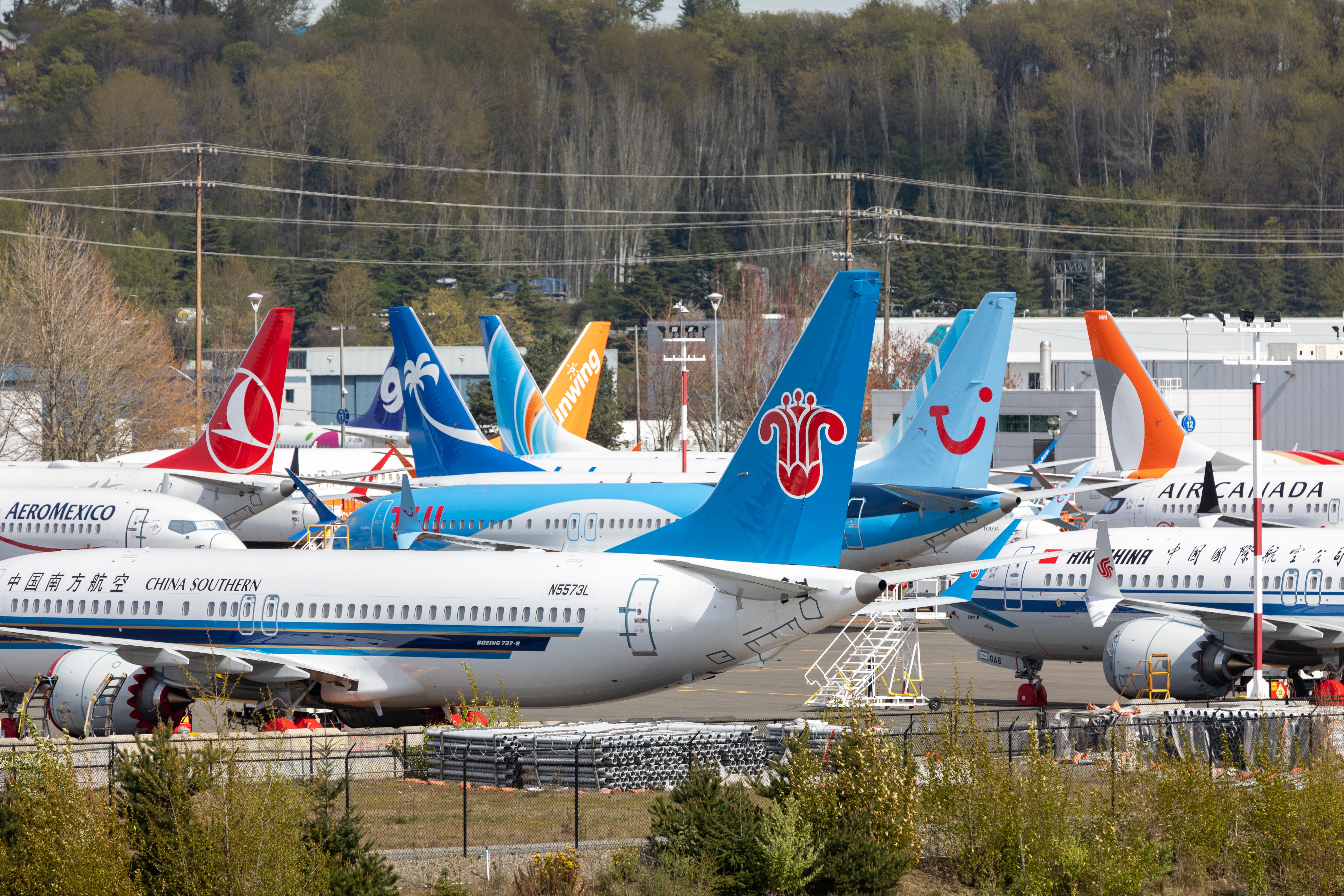 Grounded Boeing 737 MAX 8 aircraft parked at Boeing field in April 2020.