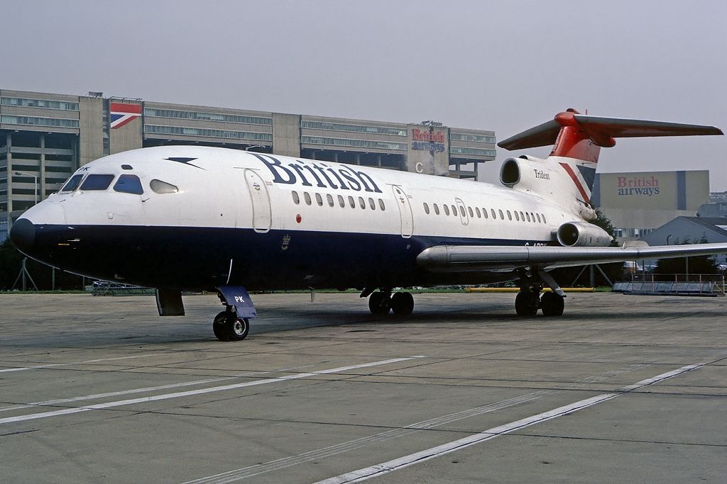 A British Airways Hawker Siddeley HS-121 Trident 1C at London Heathrow airport.