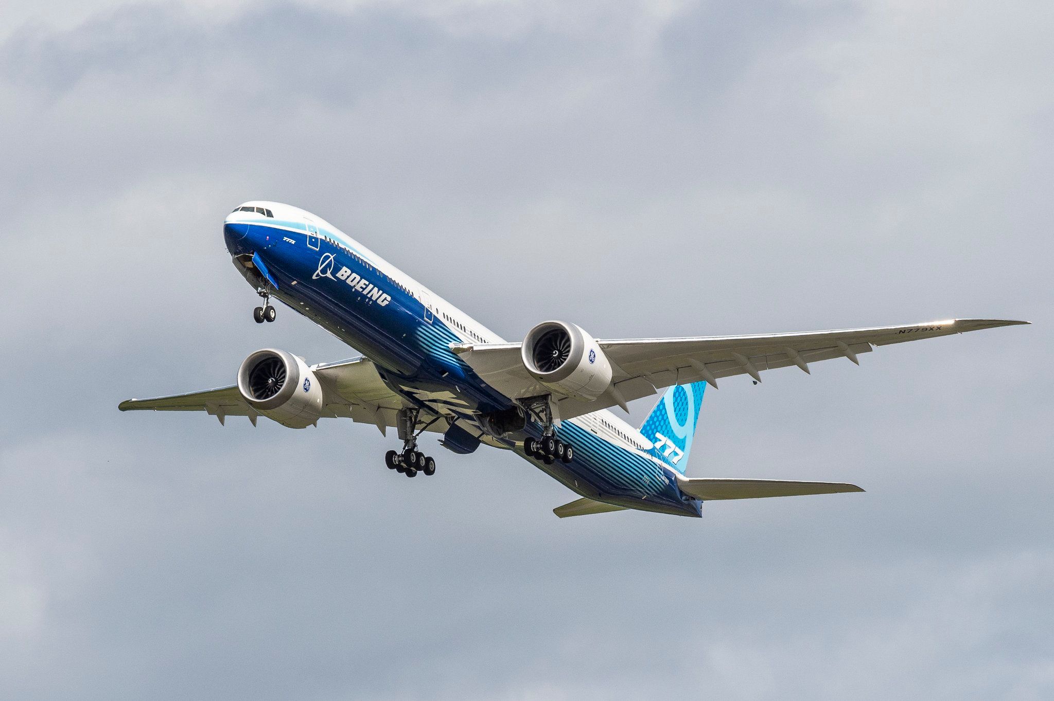 The Boeing 777X Test model in flight.