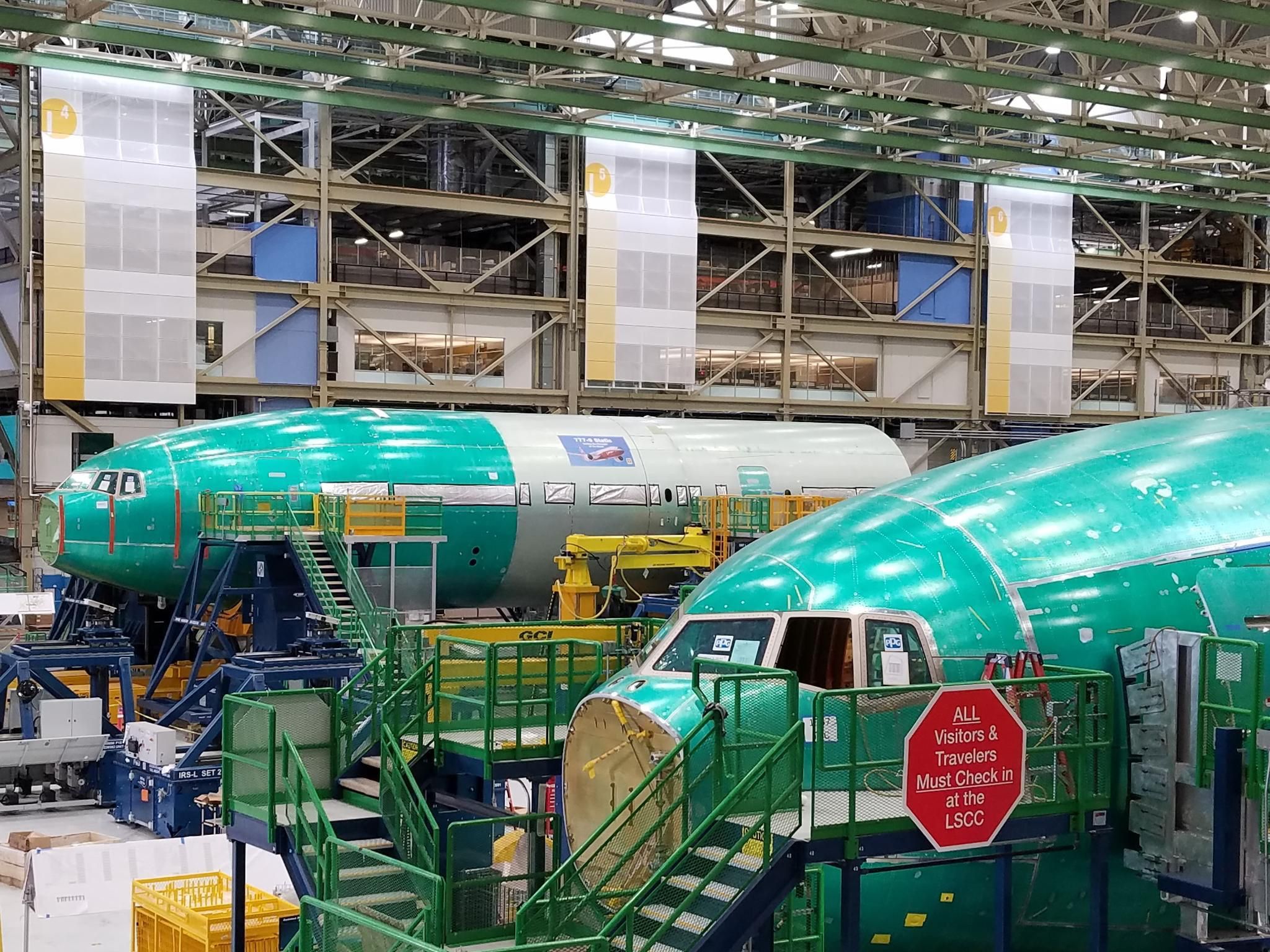 Boeing 777X test models in the warehouse.