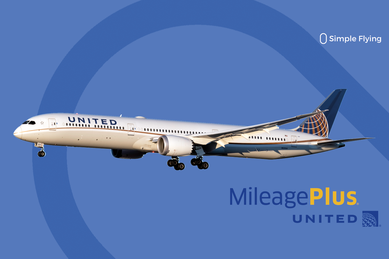 A United Airlines aircraft pictured above the words, Mileage Plus.