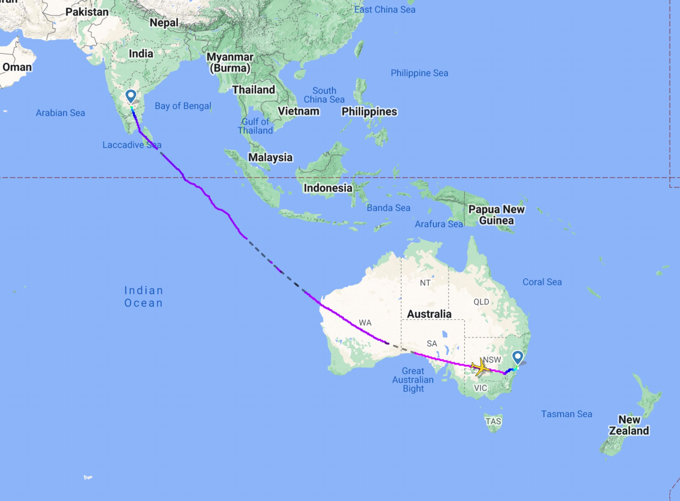 Qantas QF68 Bengaluru - Sydney flight map