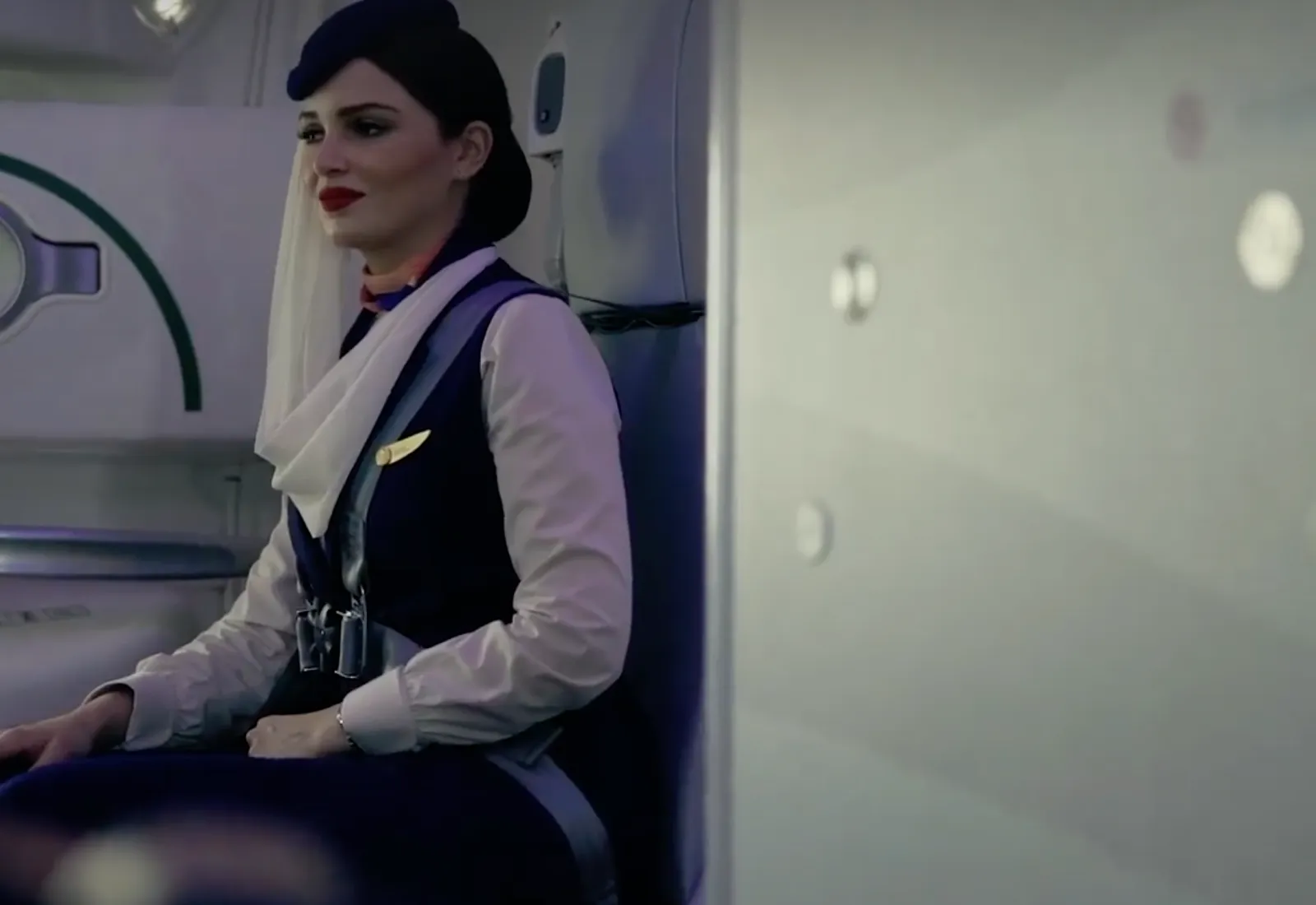 Saudia flight attendant sitting at jumpseat
