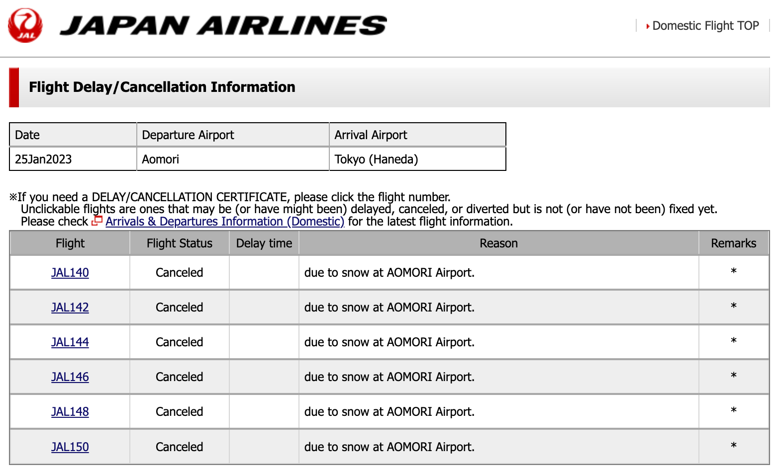 Japan Airlines January 25th Flight Cancelations