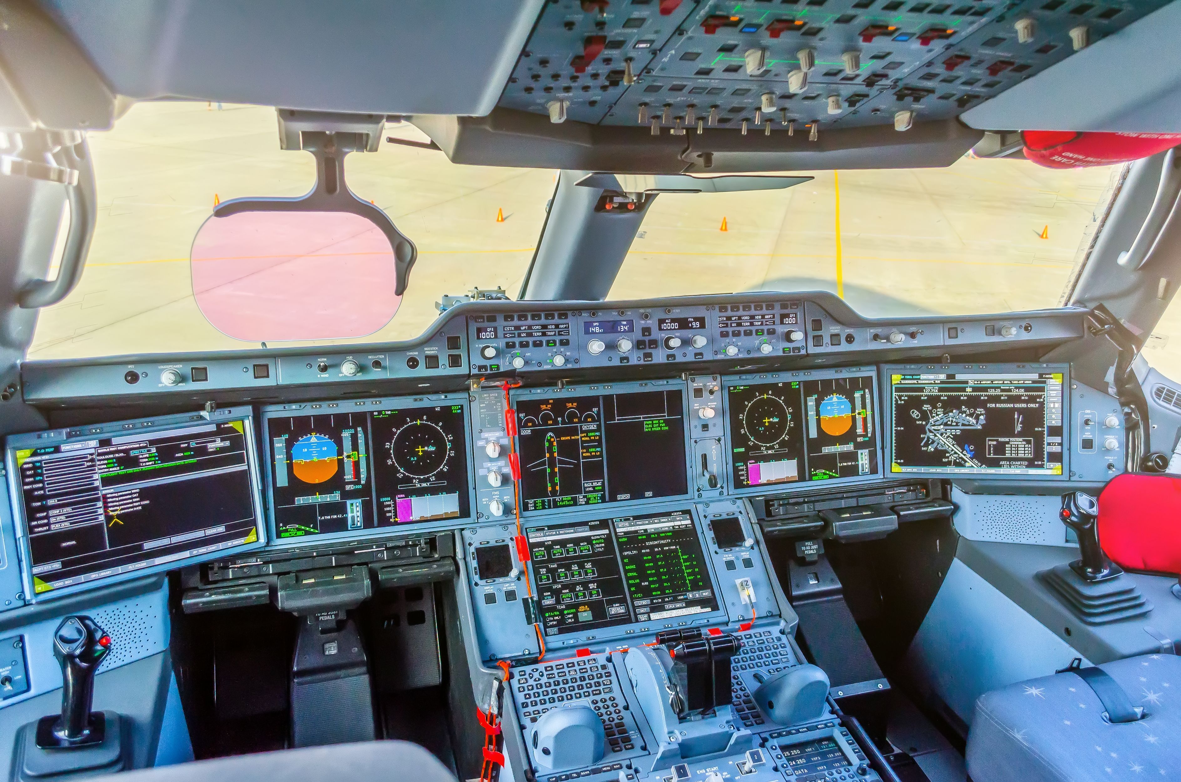 The flight deck of an Airbus A350.