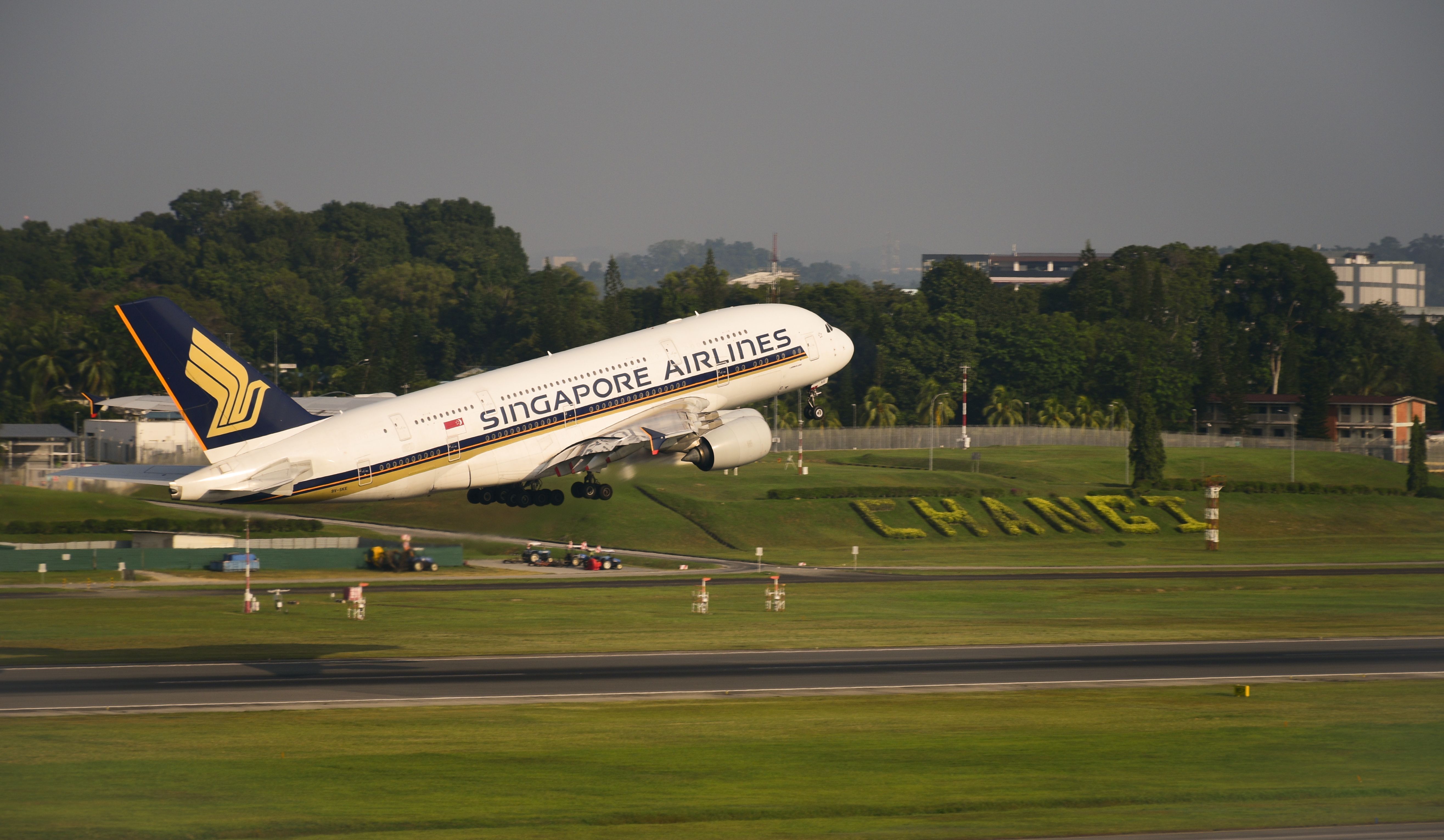 A Singapore Airlines Airbus A380 taking off from Changi International Airport