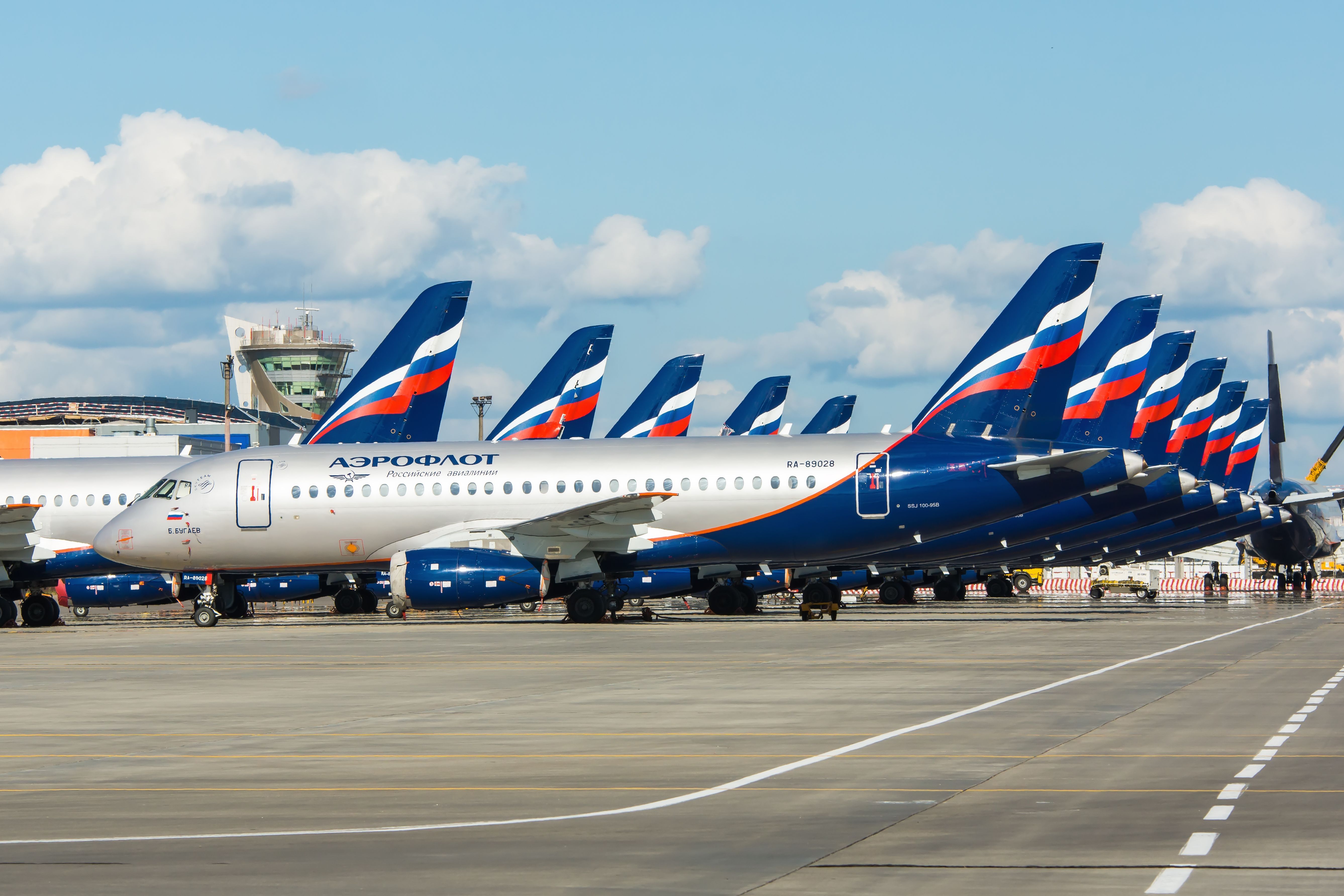 Aeroflot Sukhoi Superjet 100 aircraft lined up