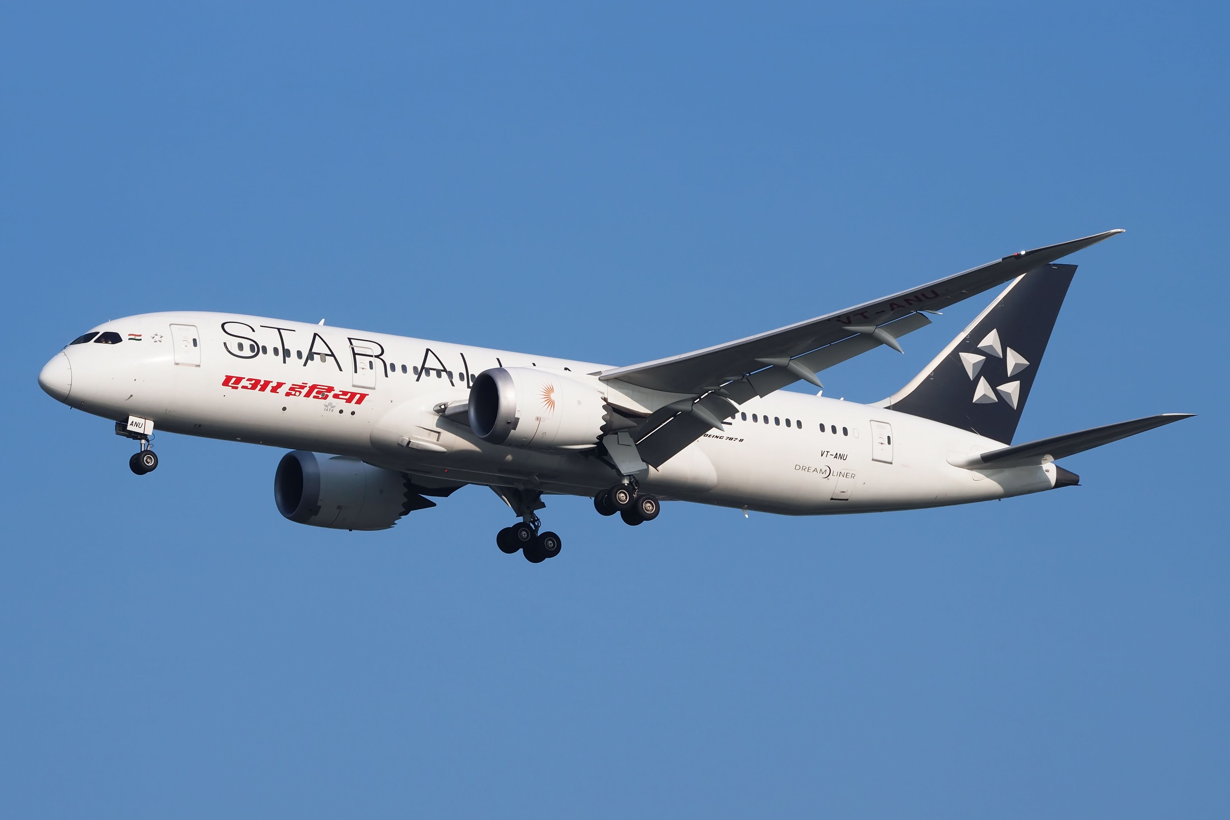 An Air India Boeing 787 in Star Alliance Livery flying in the sky.