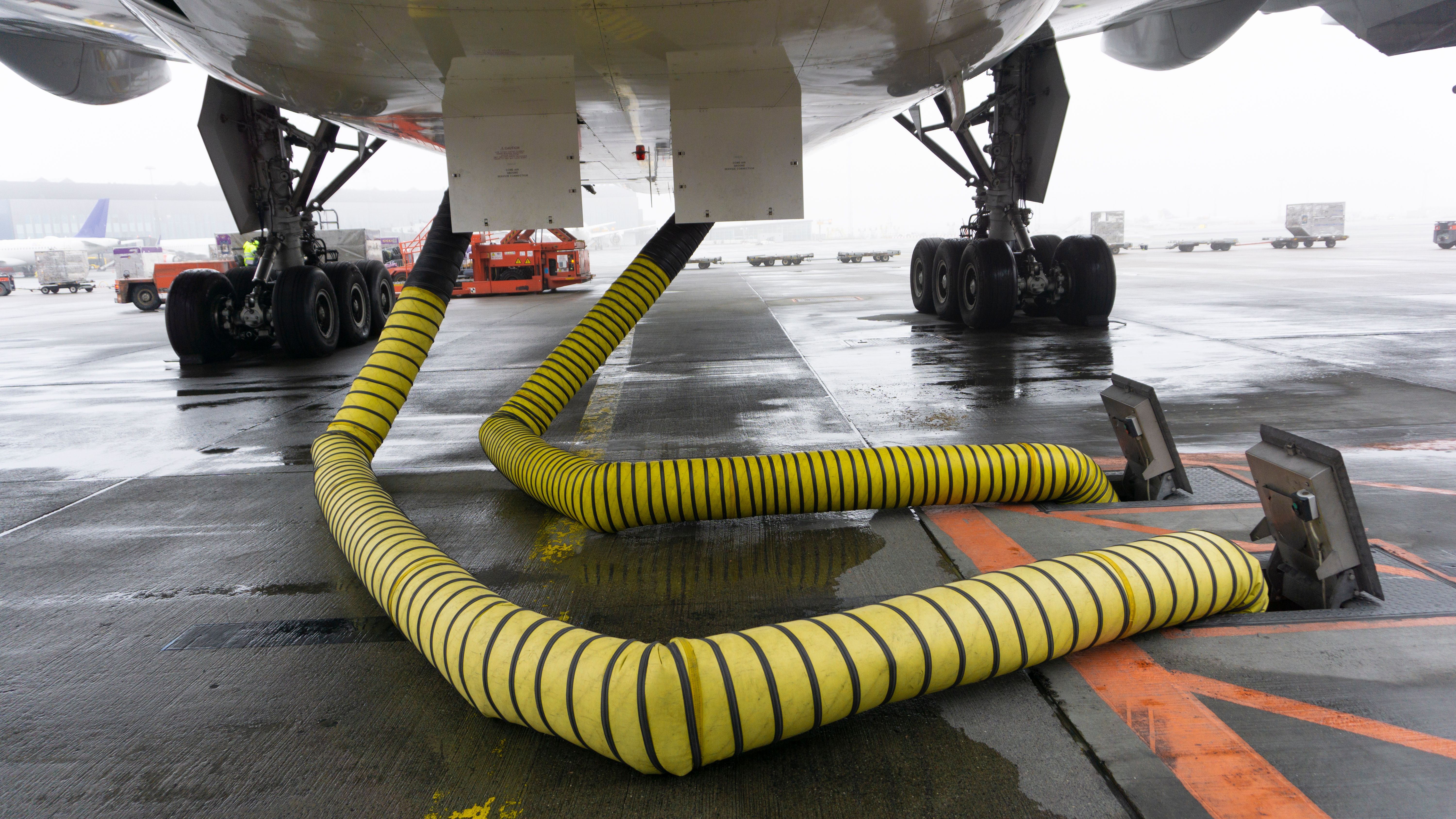 View from underneath a parked aircraft. 