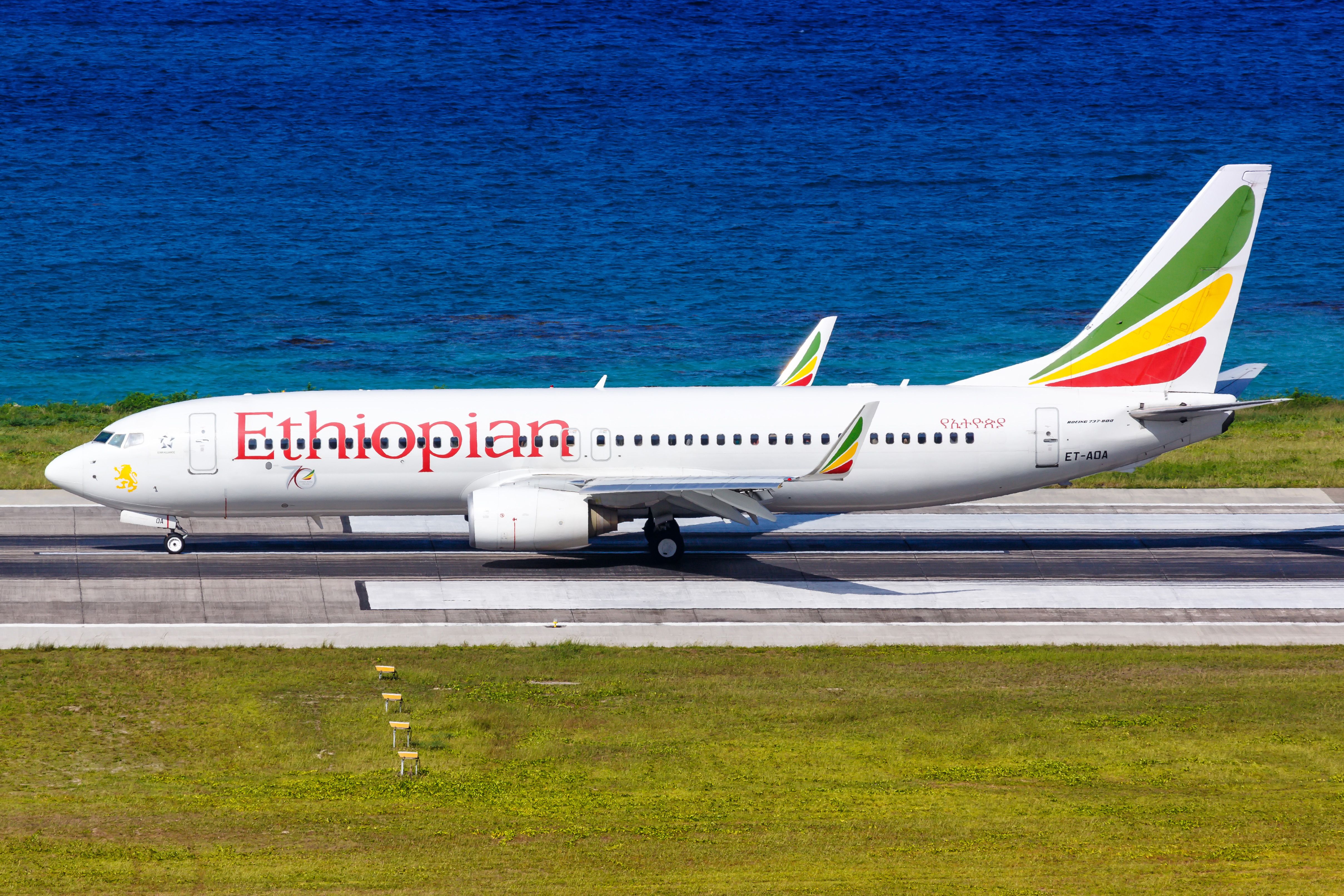Ethiopian Airlines Boeing 737-800 airplane at Seychelles International Airport (SEZ)