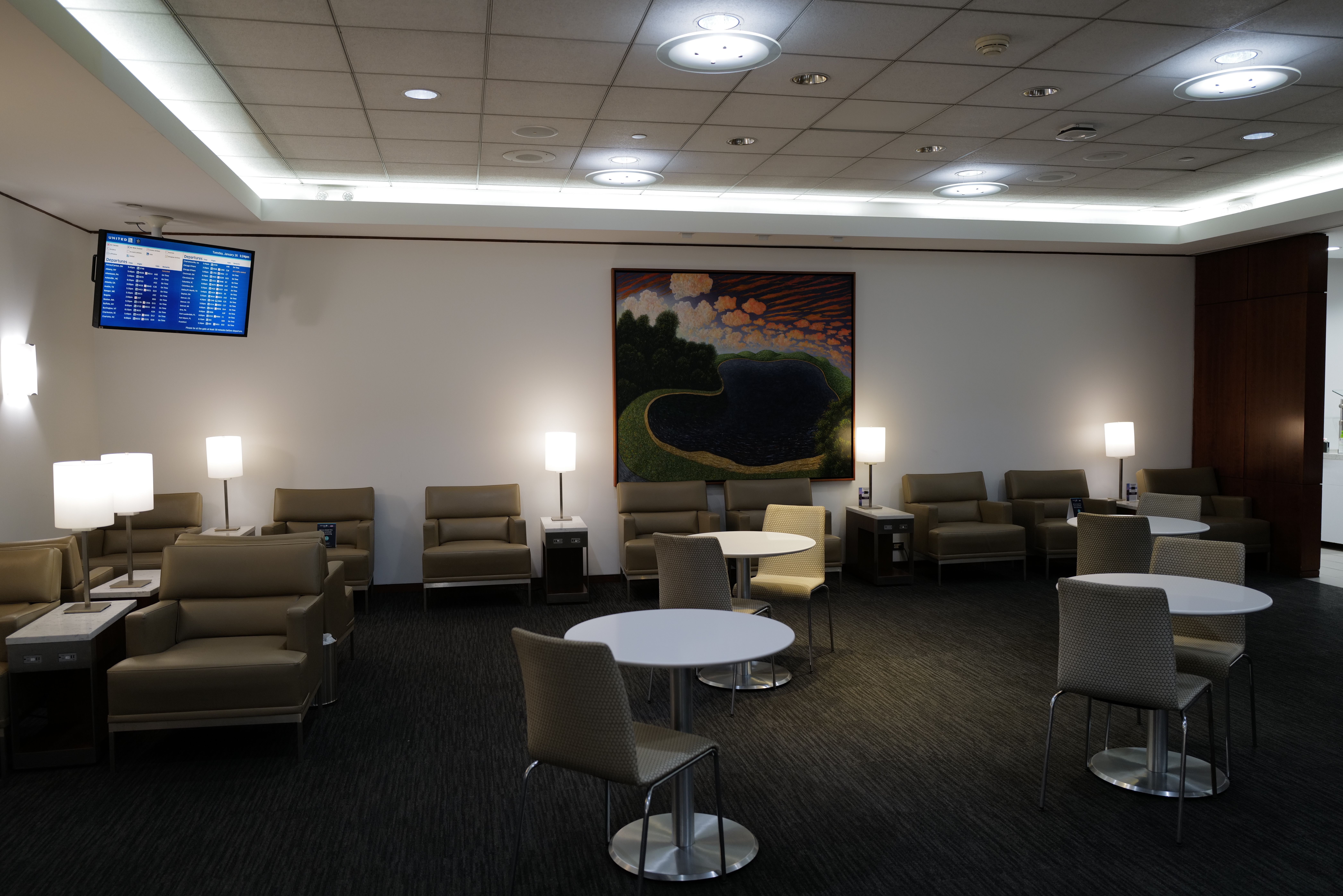 Seating at the United Club lounge at Washington Dulles International Airport. 