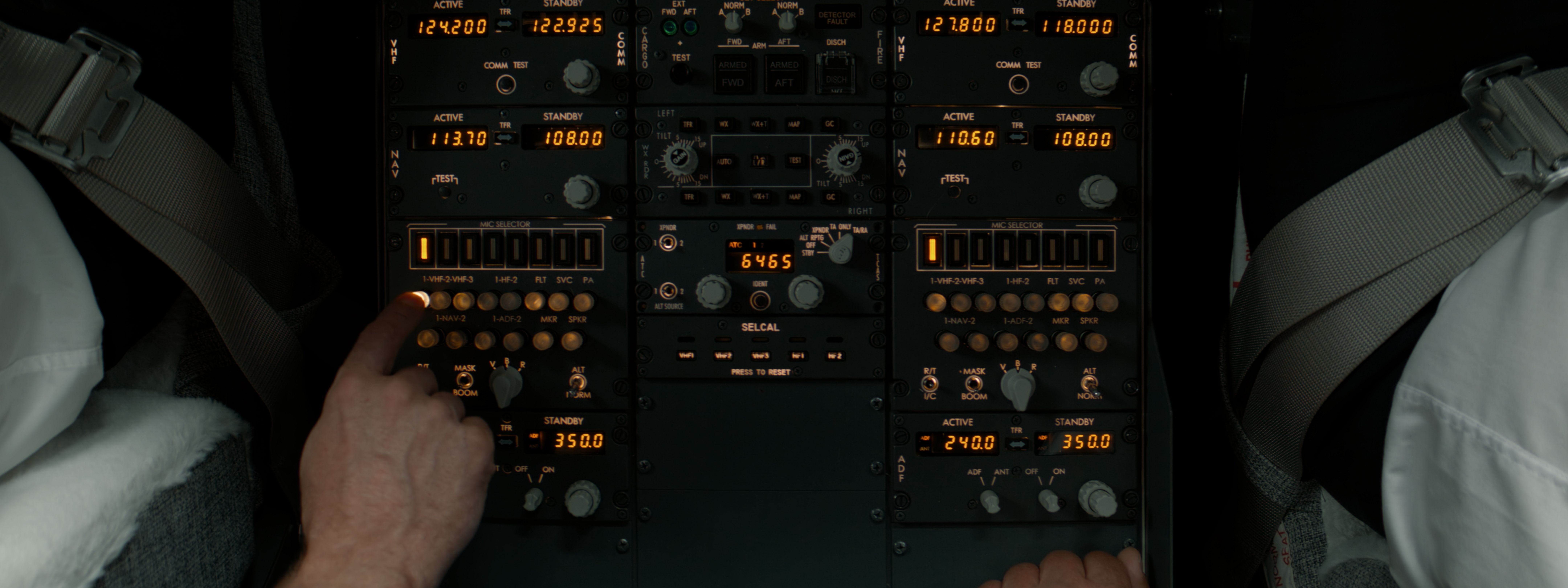 Radio control panel on a Boeing aircraft.