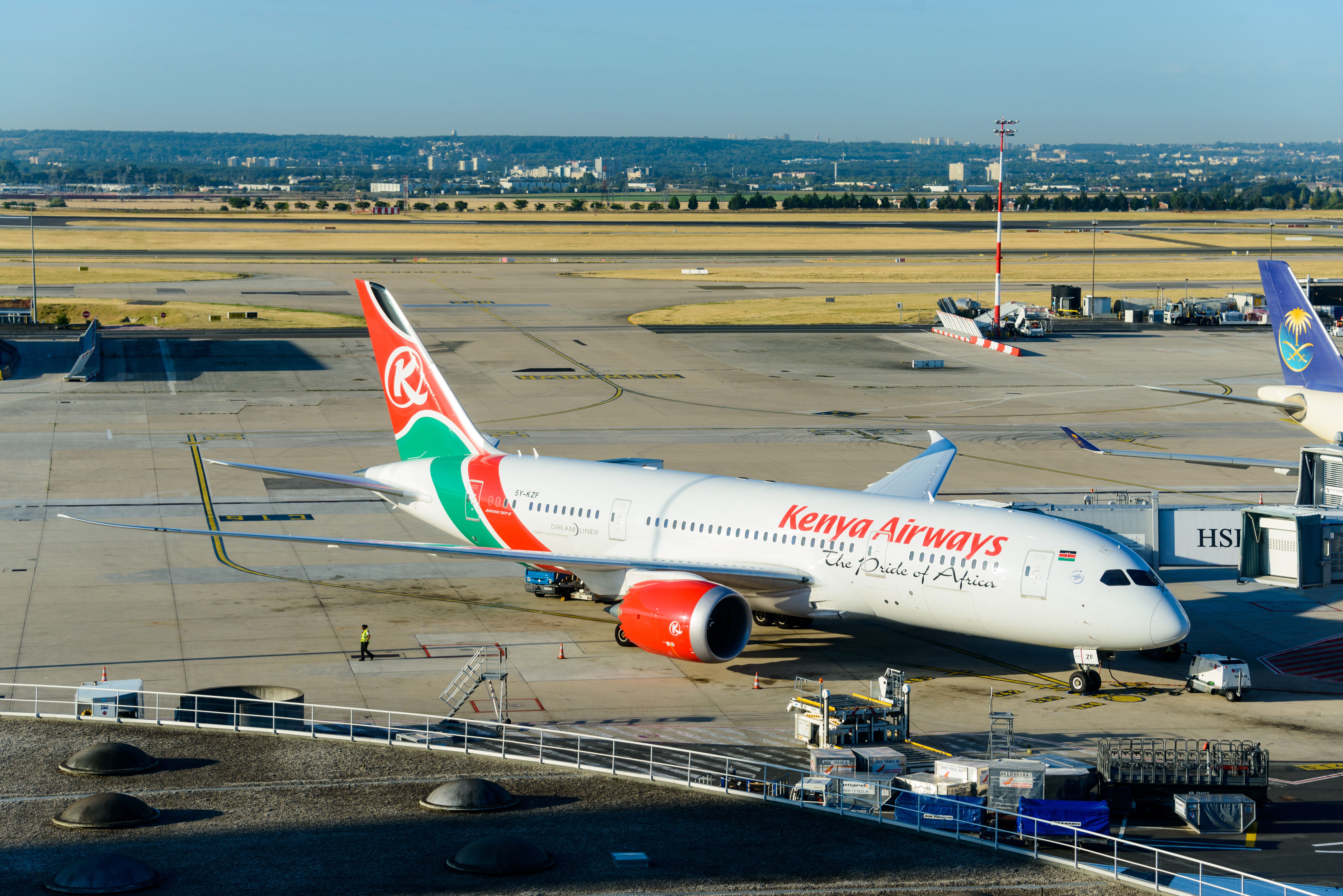 A Kenya Airways Boeing 787-8 at Paris Charles de Gaulle Airport.