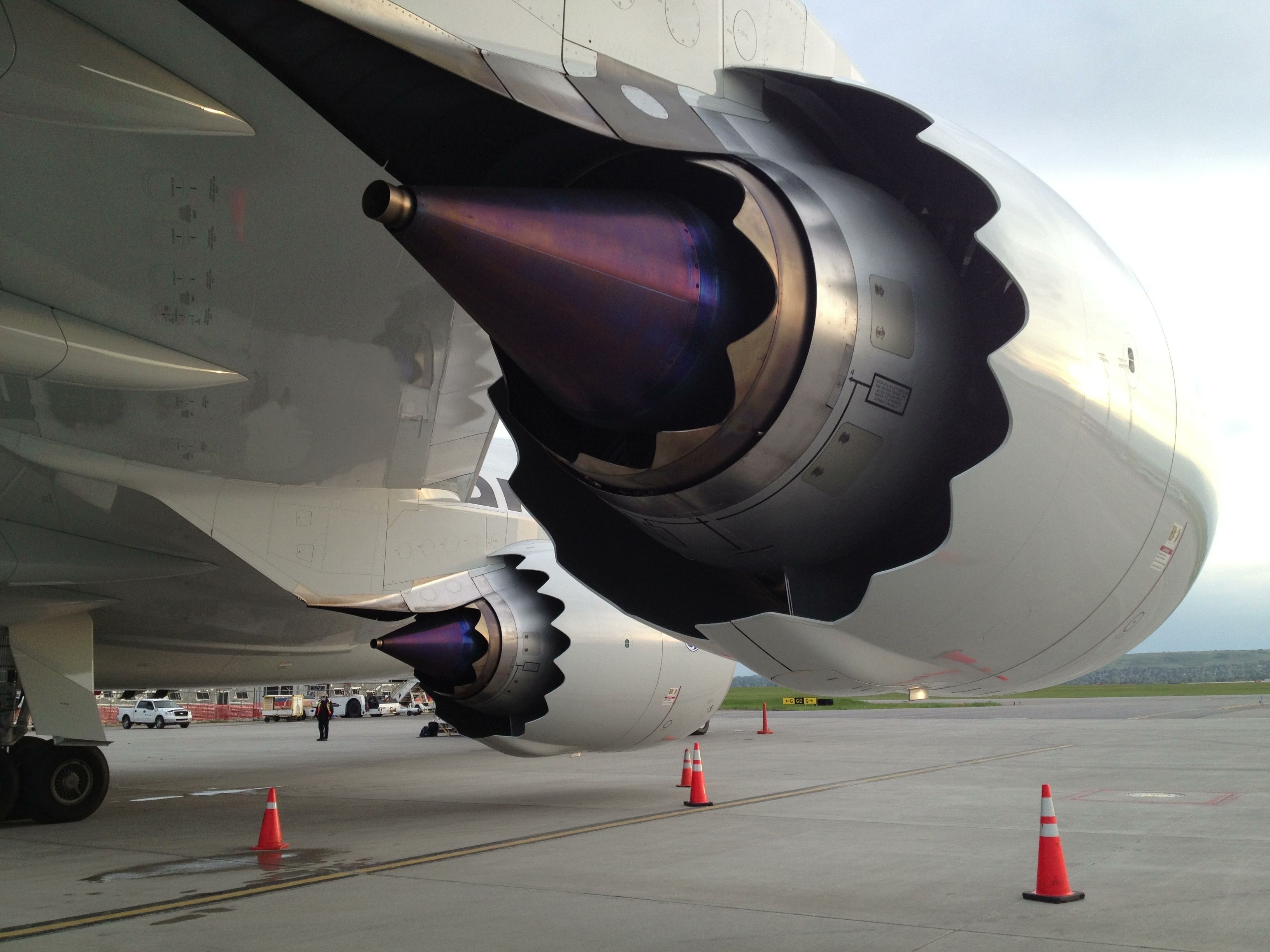 A closeup of a Boeing 787 Dreamliner engine.