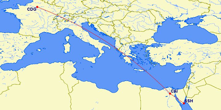 Map with a flight route from Sharm El Sheikh to Cairo to Paris