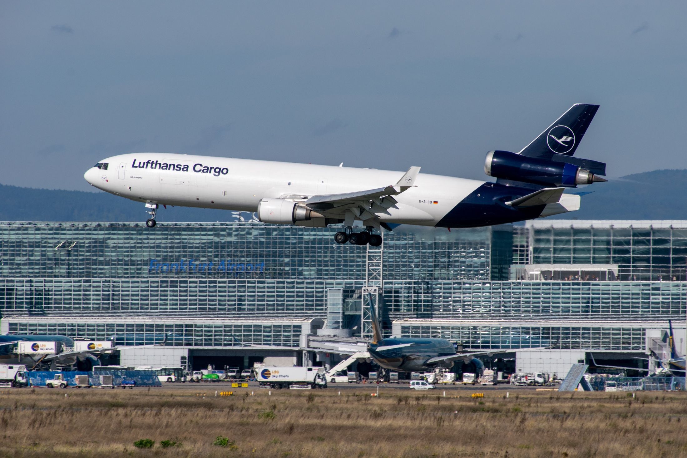 A Lufthansa Cargo MD-11 landing.