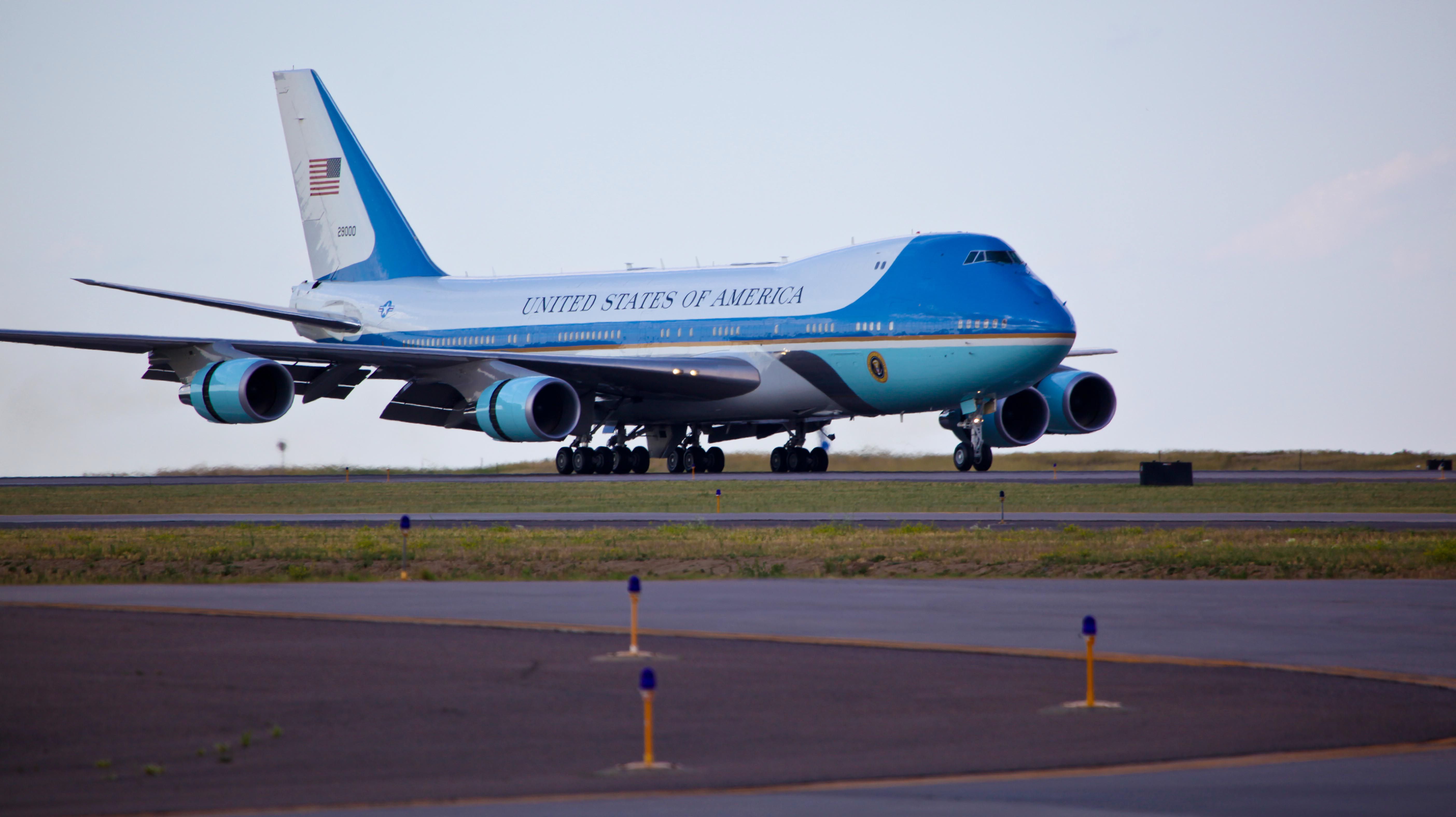 The Air Force One Boeing 747 taxiing to the runway.
