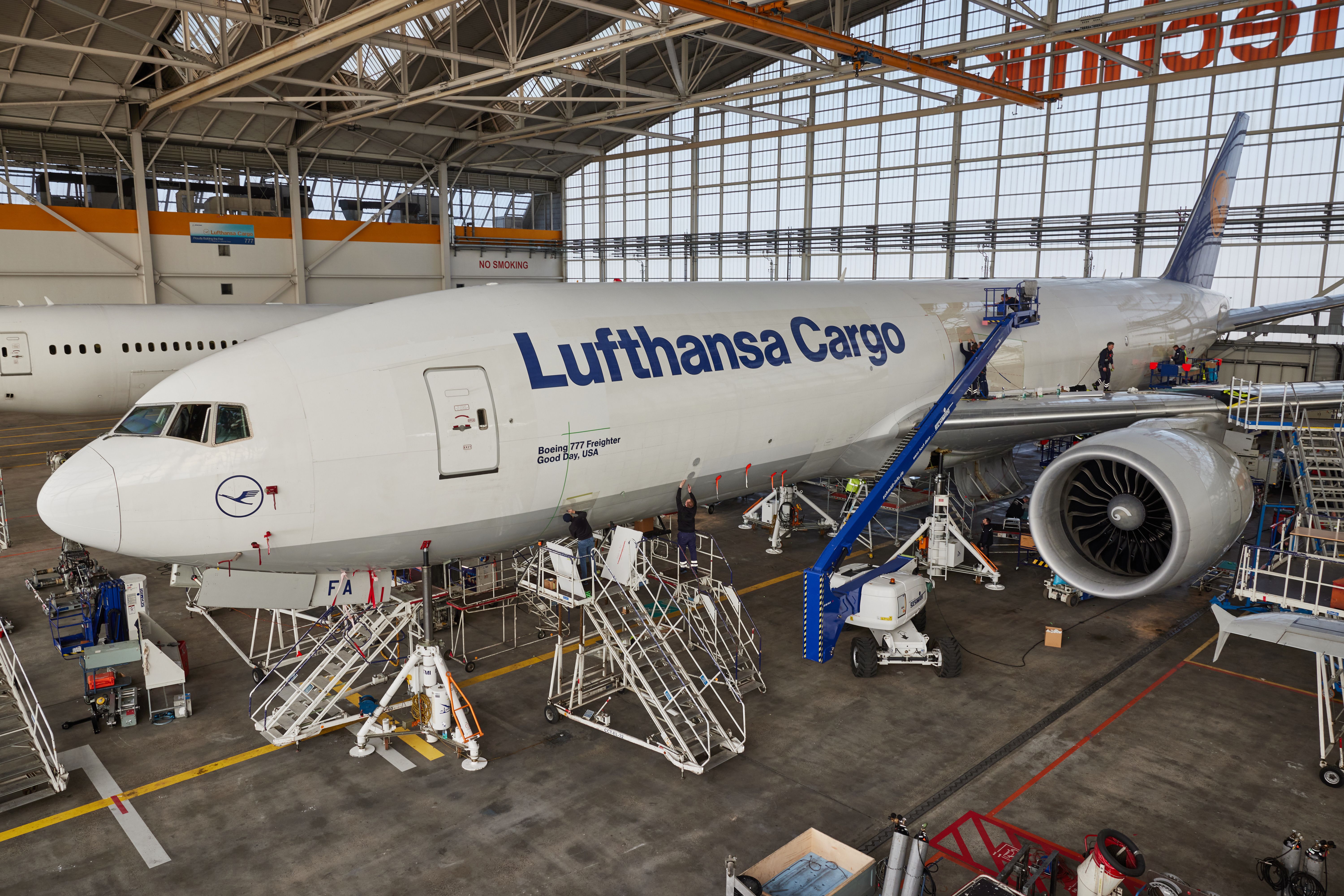 A Lufthansa cargo airliner in the maintenance hangar.