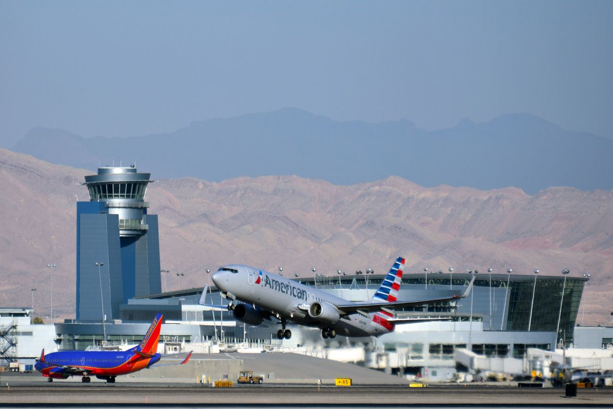 An American Airlines aircraft taking off at Las Vegas Airport.