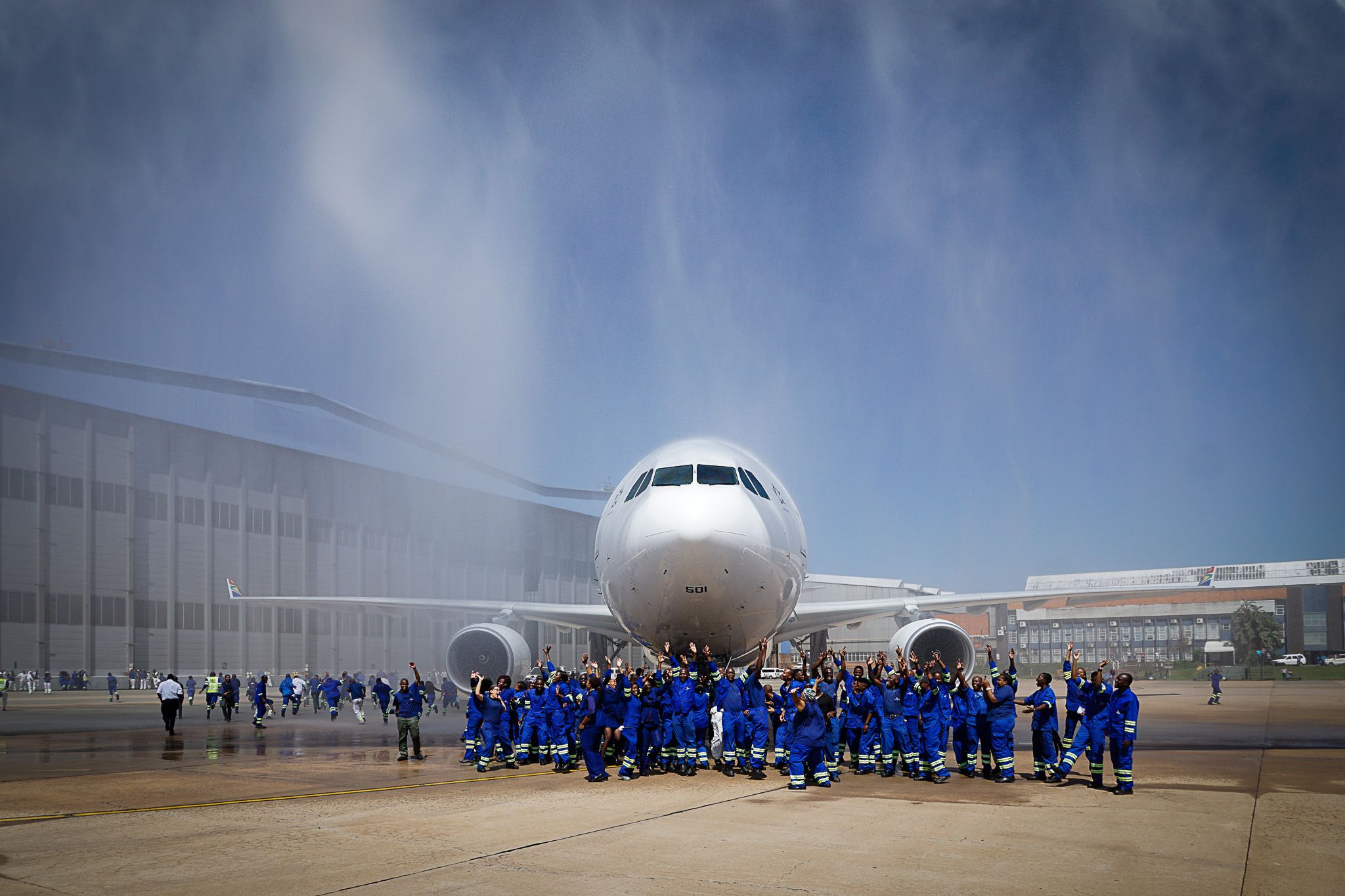 South African Airways employees celebrating the new Airbus A330
