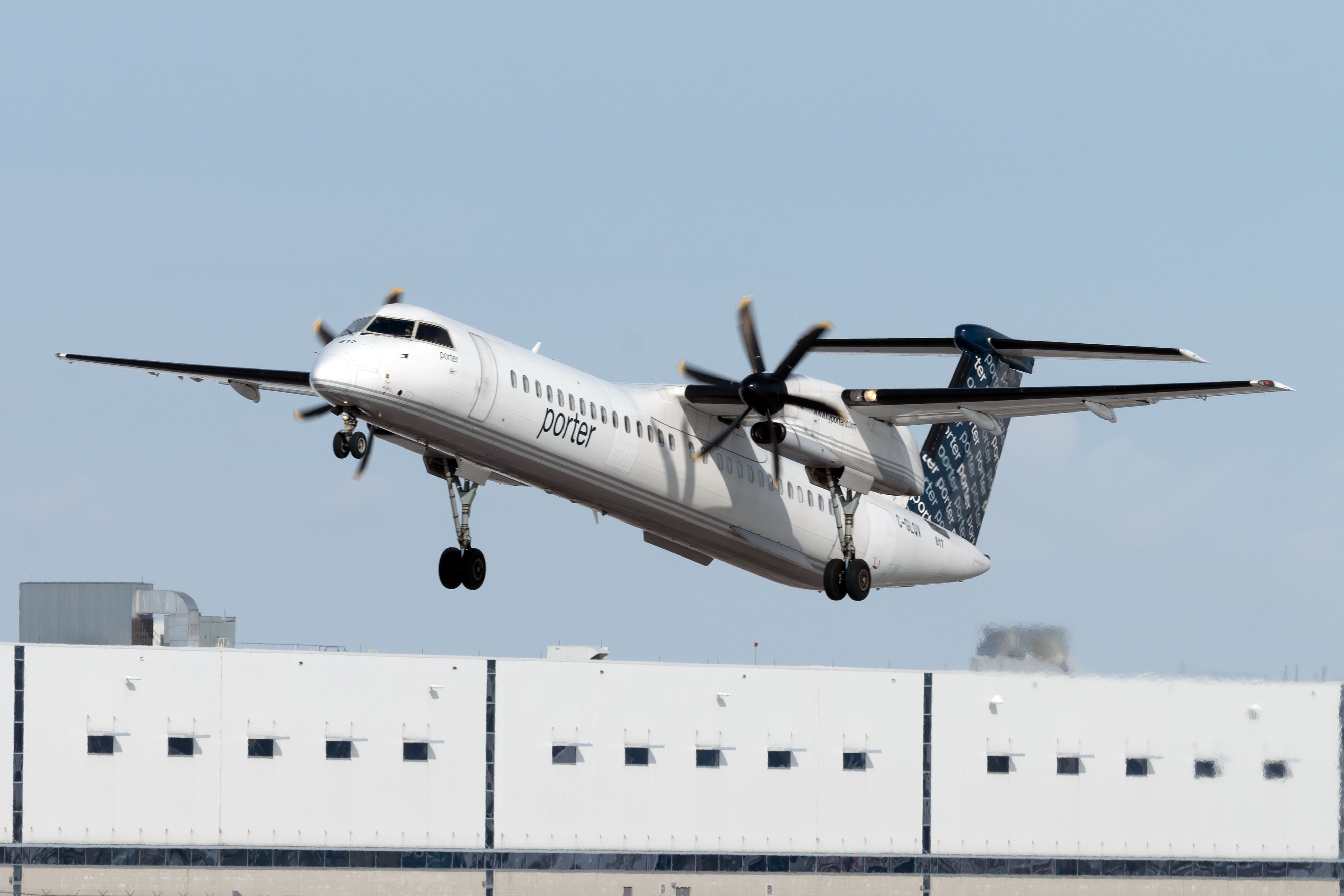 A Porter Airlines De Havilland Canada Dash 8-400 just after takeoff.