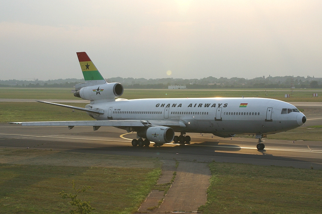 A Ghana Airways DC-10 taxiing to the runway.