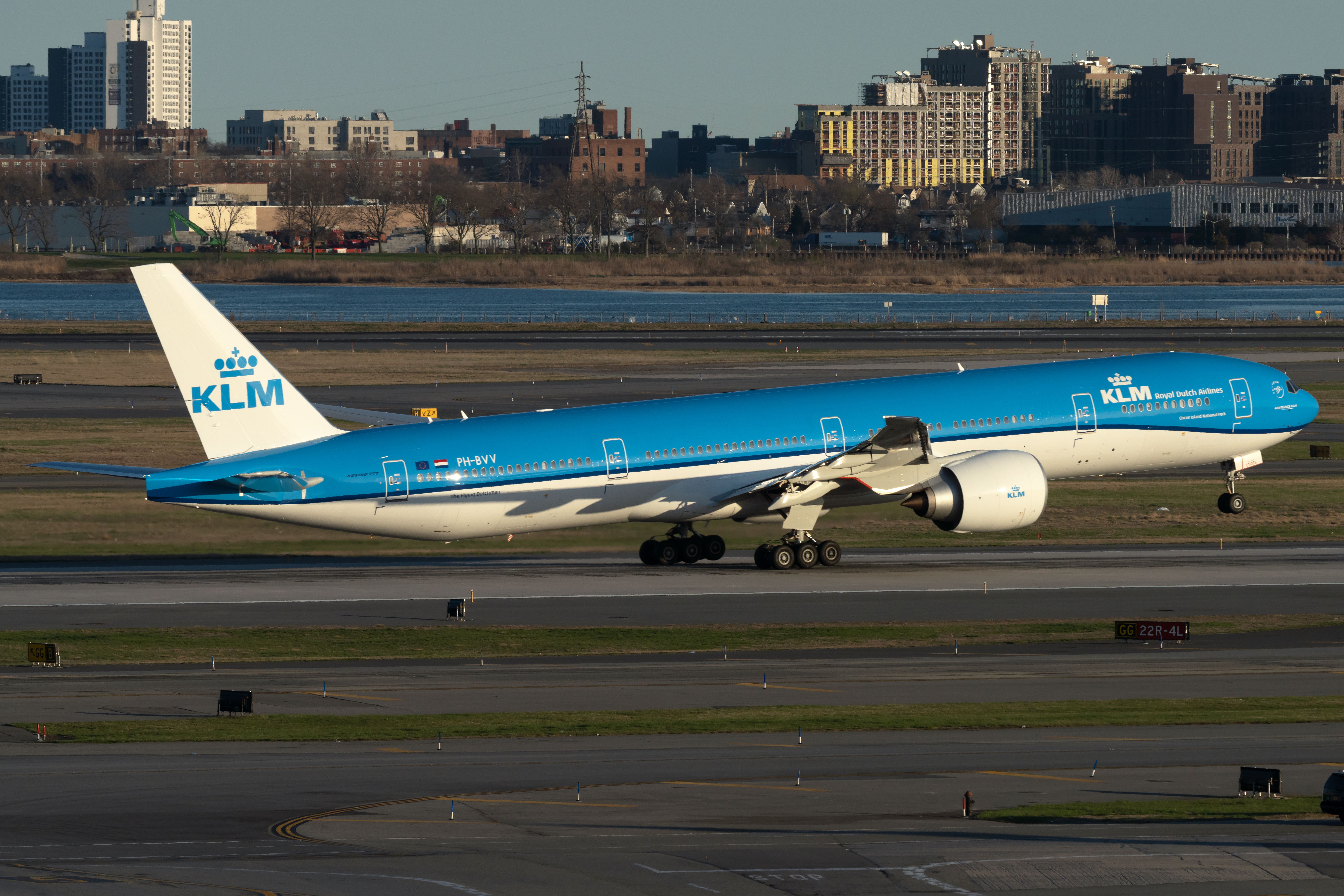 A KLM Boeing 777-300(ER) taking off from JFK.