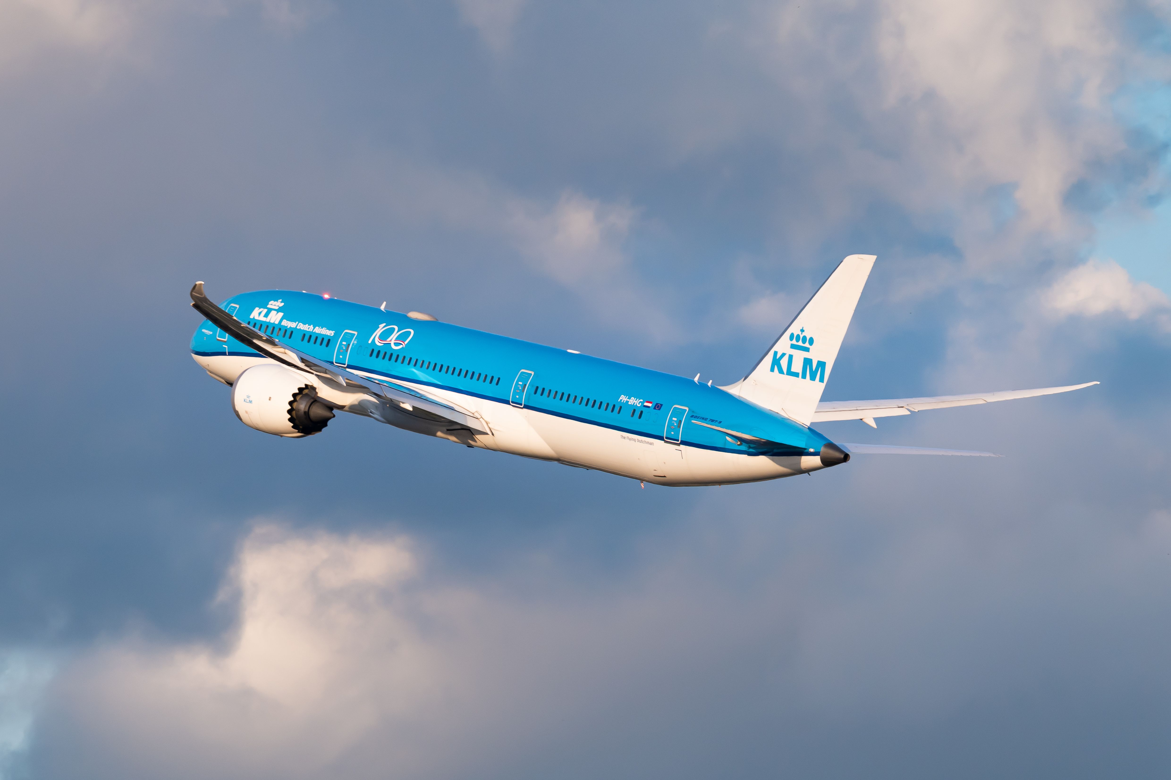 A KLM Boeing 787-9 Dreamliner flying out of JFK Airport. 