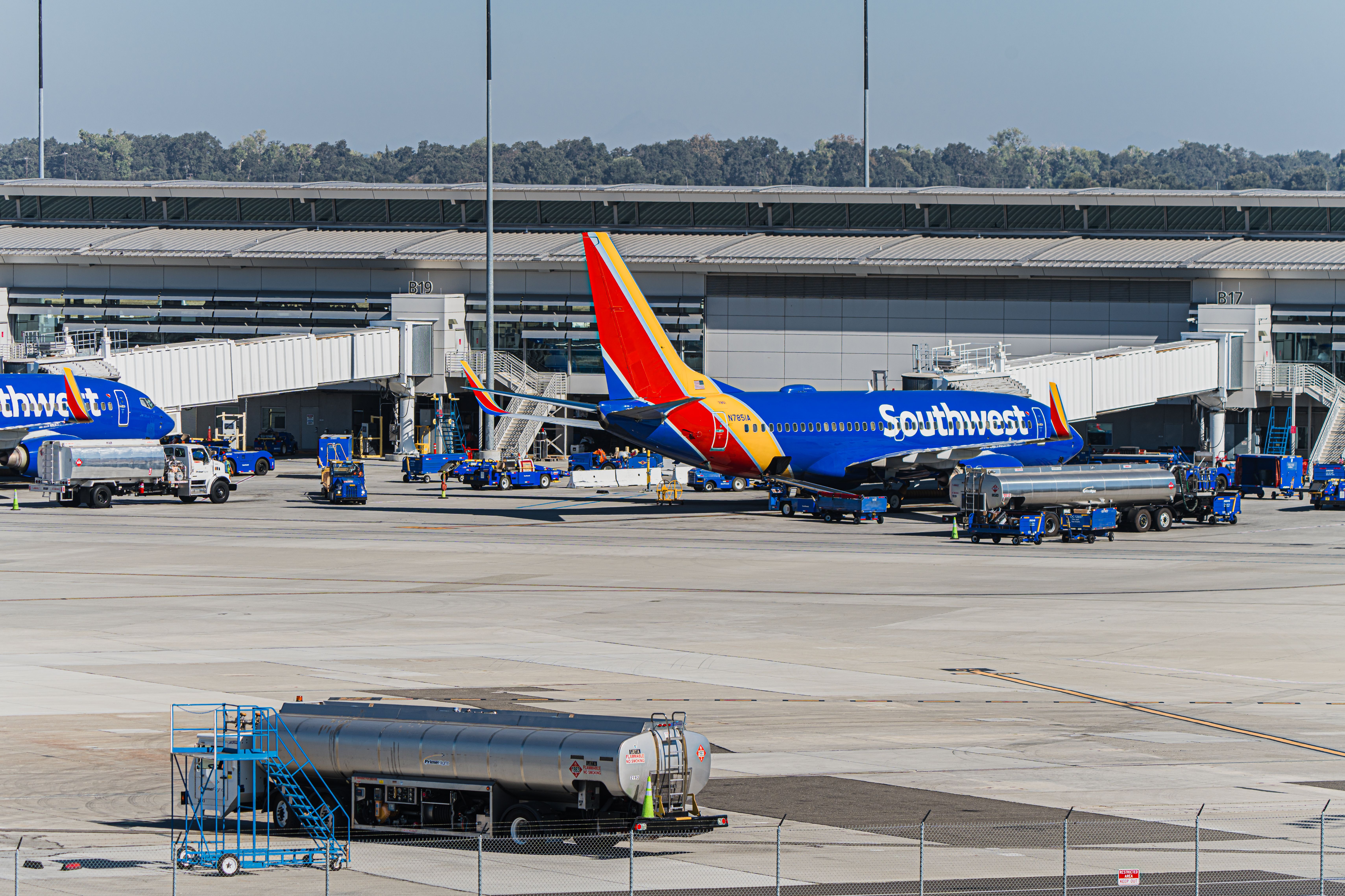 Southwest Airlines aircraft parked at Terminal B SMF