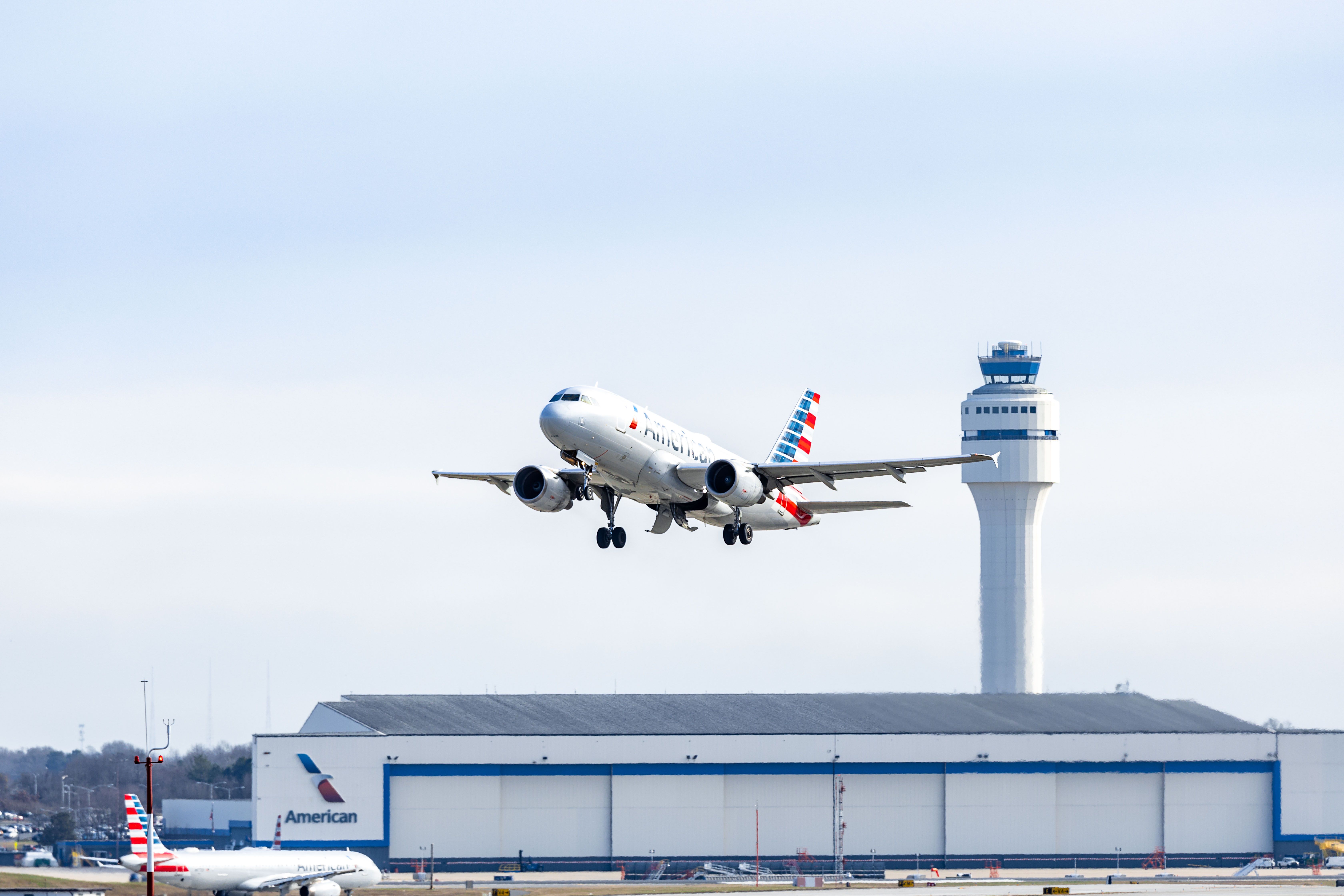 American Airlines Plane Flying by ATC Tower Charlotte Douglas Airport