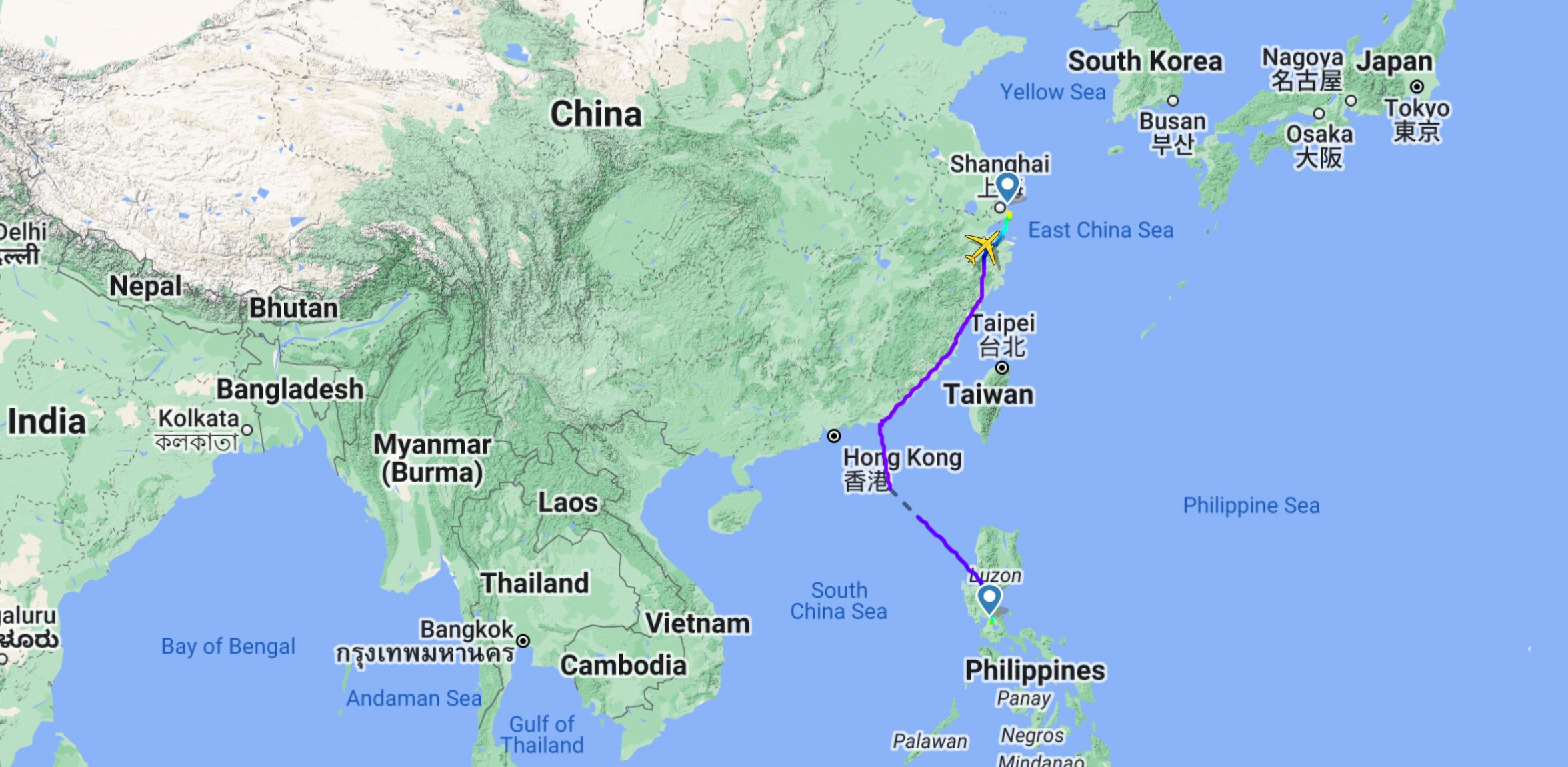 Philippine Airlines PR338 Manila - Shanghai flight map