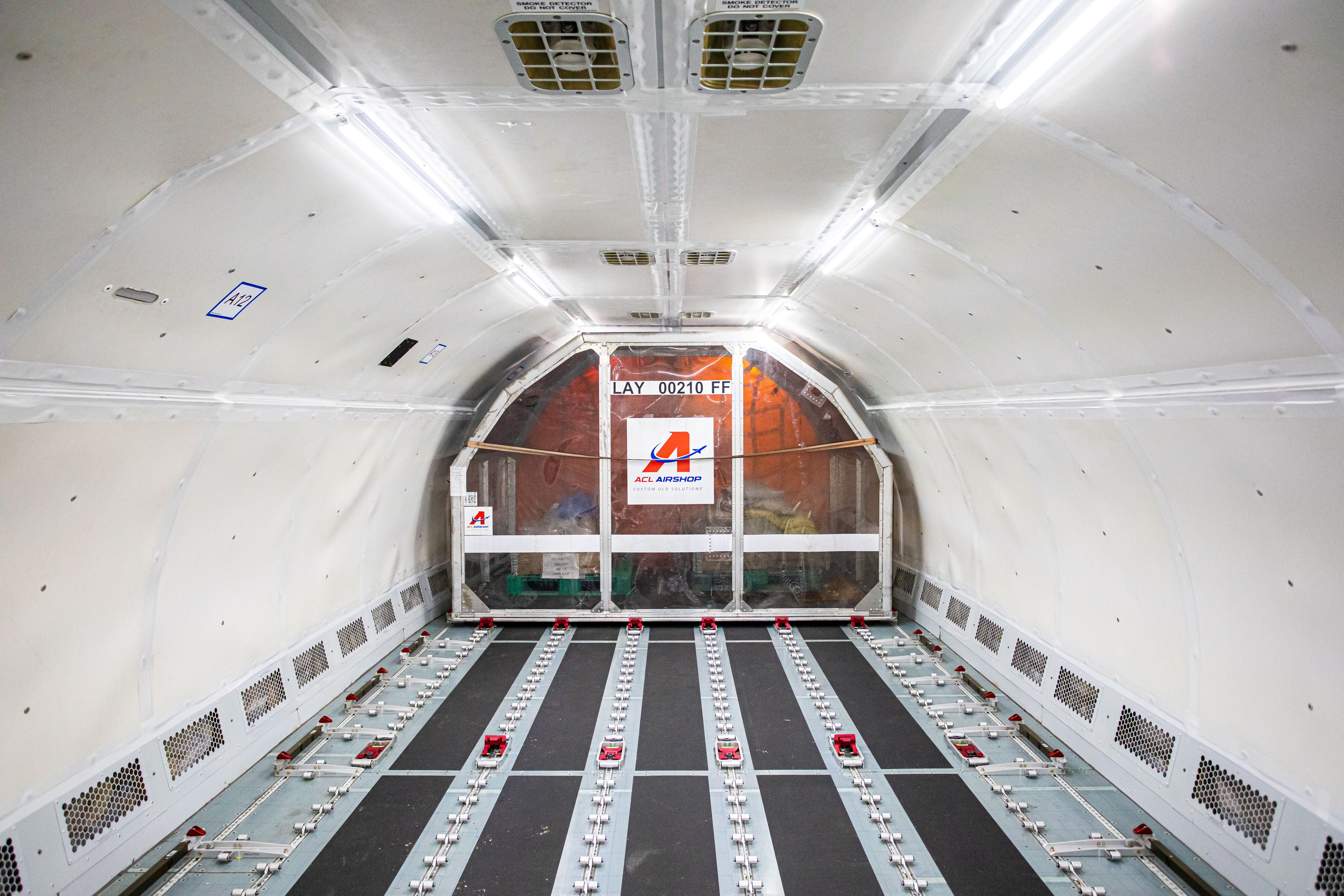 Inside the cargo area of an Airbus A321 P2F Freighter.