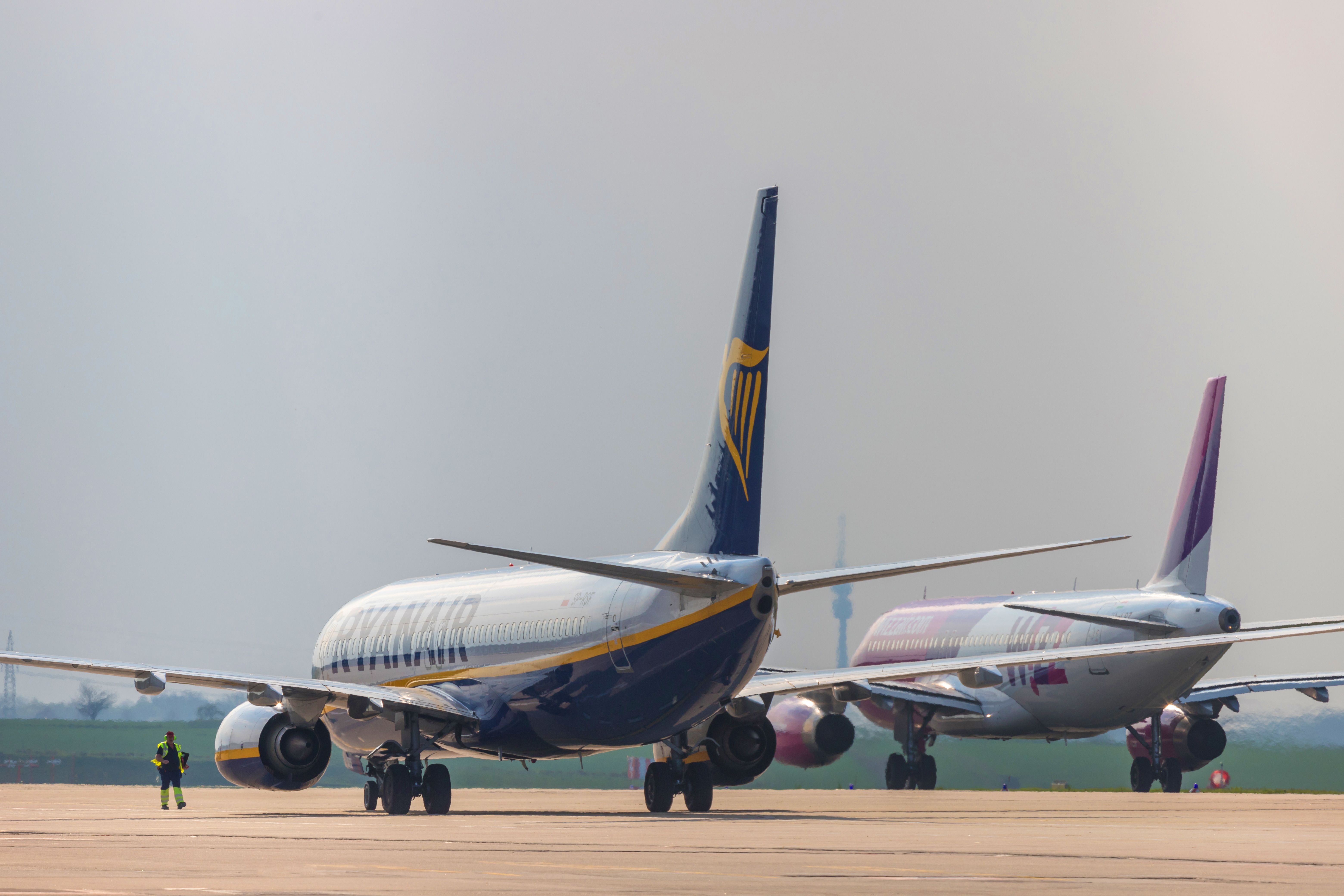 Ryanair and Wizz Air jets on the tarmac at Dortmund Airport