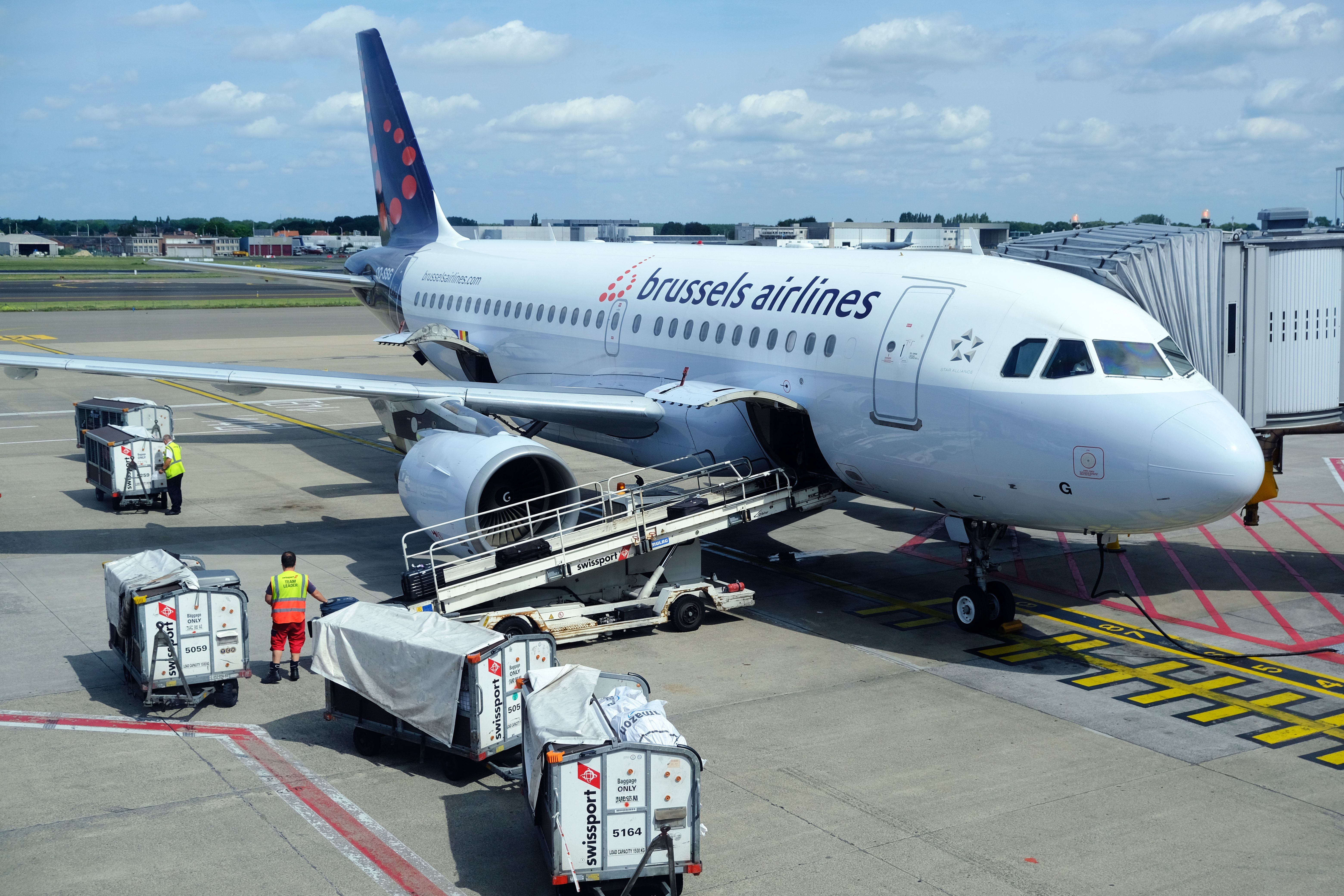 A Brussels Airlines Airbus A319 at the gate. 