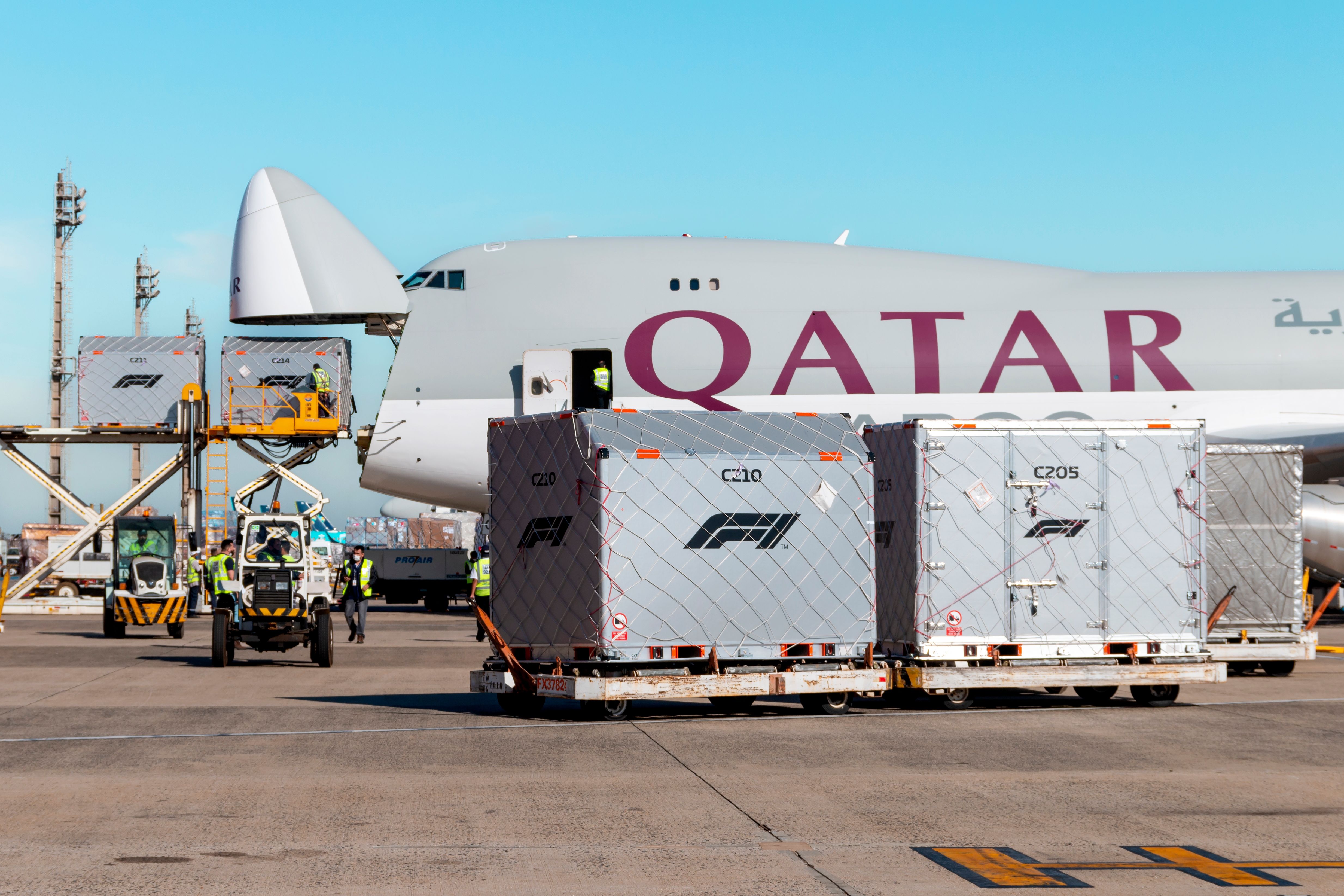 shutterstock_2076591493 - Qatar Cargo Boeing 747-8 being loaded with formula 1 container at Viracopos Airport Sao Paulo Brazil 2021