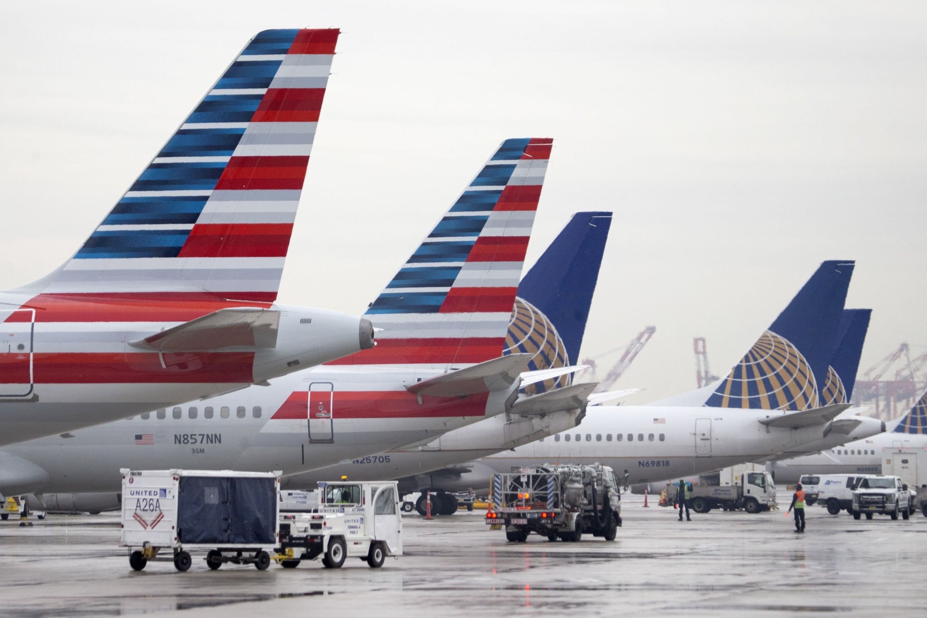 American Airlines and United Airlines jets on the tarmac at Newark Liberty International Airport