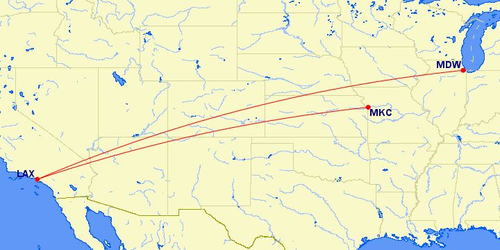 Map showing routes from LAX to MDW and MKC.