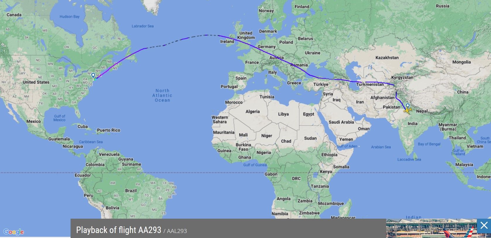 A view of American Airlines flight path on service AA293 between New Delhi and New York