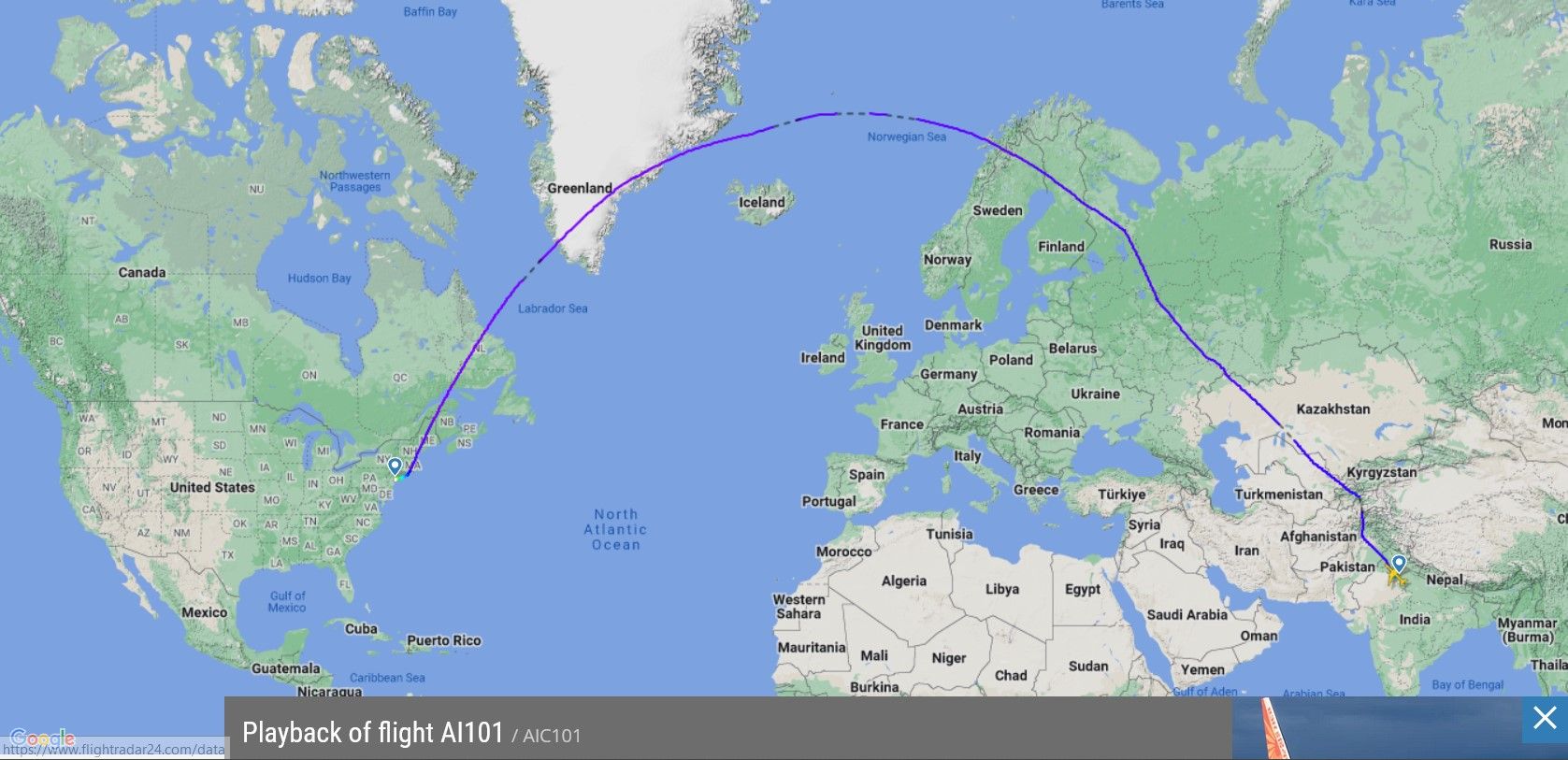 A view of Air India's flight path on flight AI101 between New Delhi and New York.