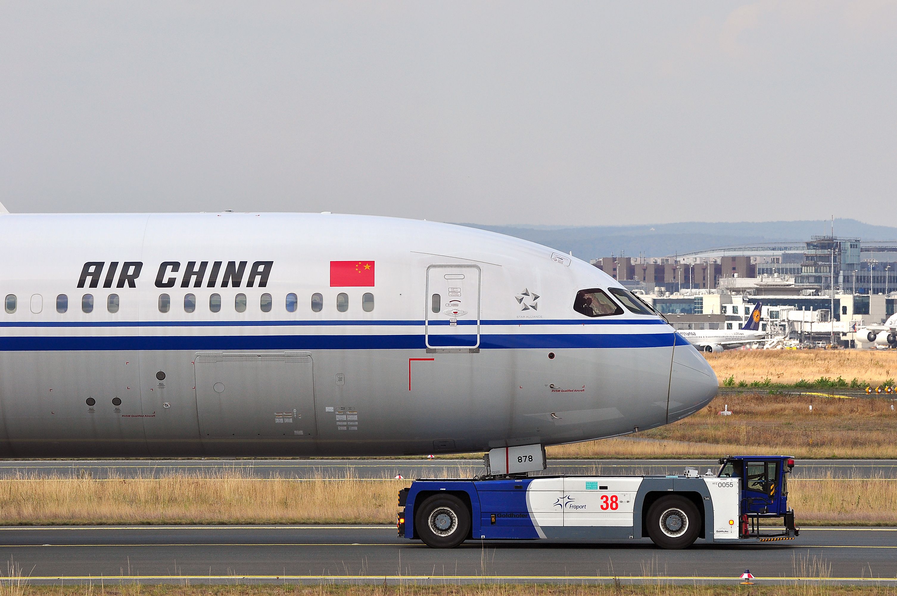 Air China Boeing 787-9 being towed at the Frankfurt airport.