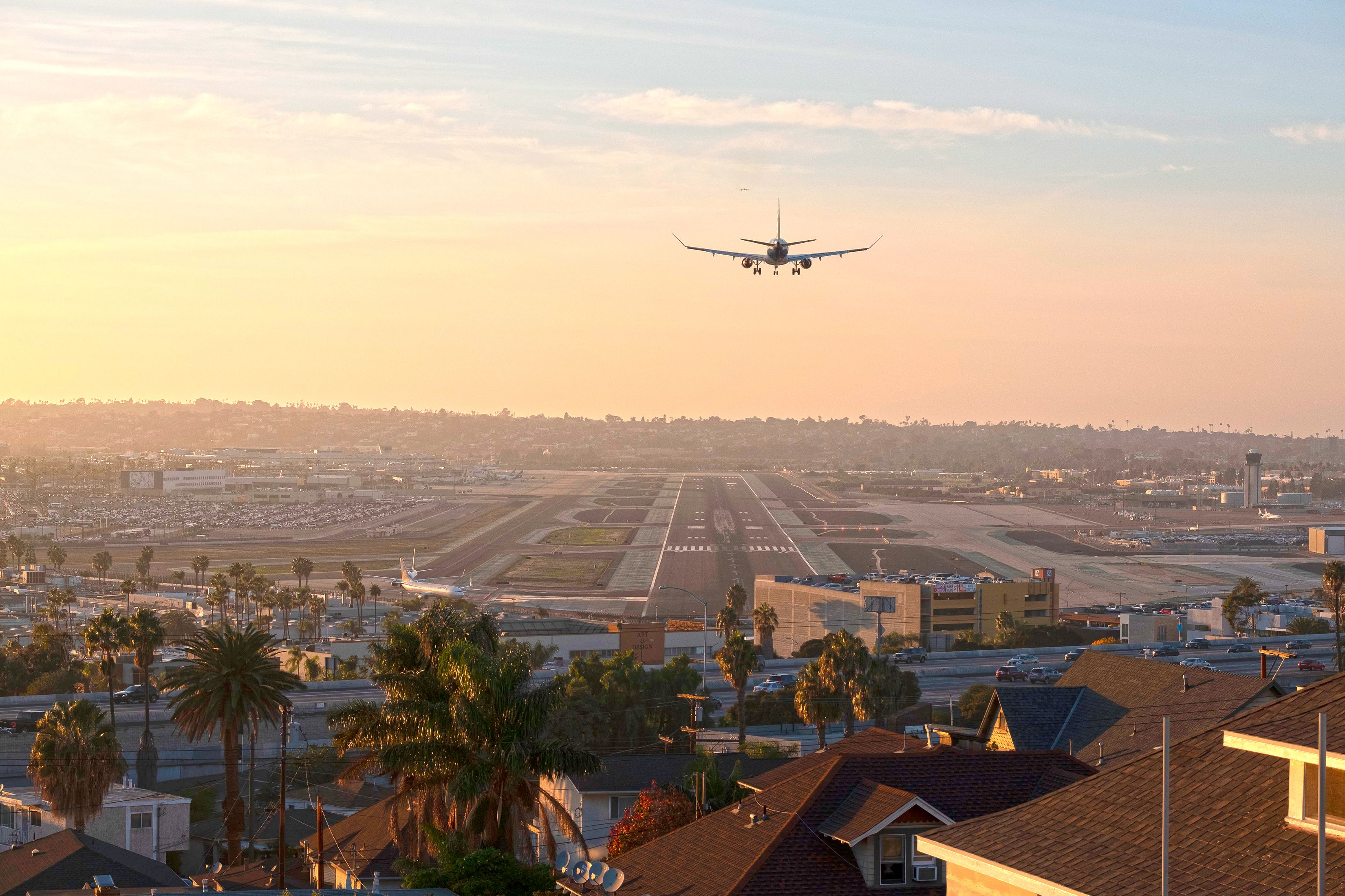 An aircraft landing in San Diego International Airport 