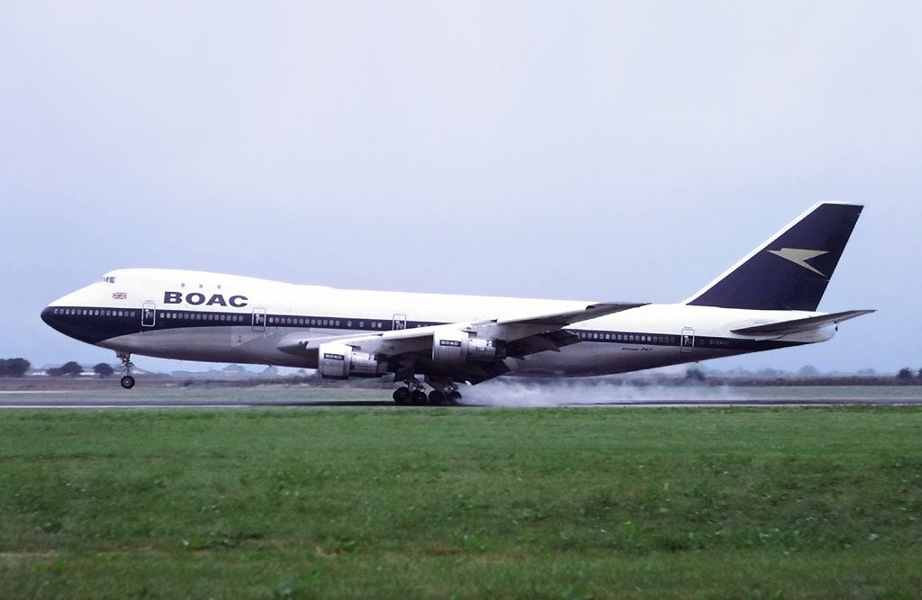A BOAC Boeing 747 landing at Heathrow airport.