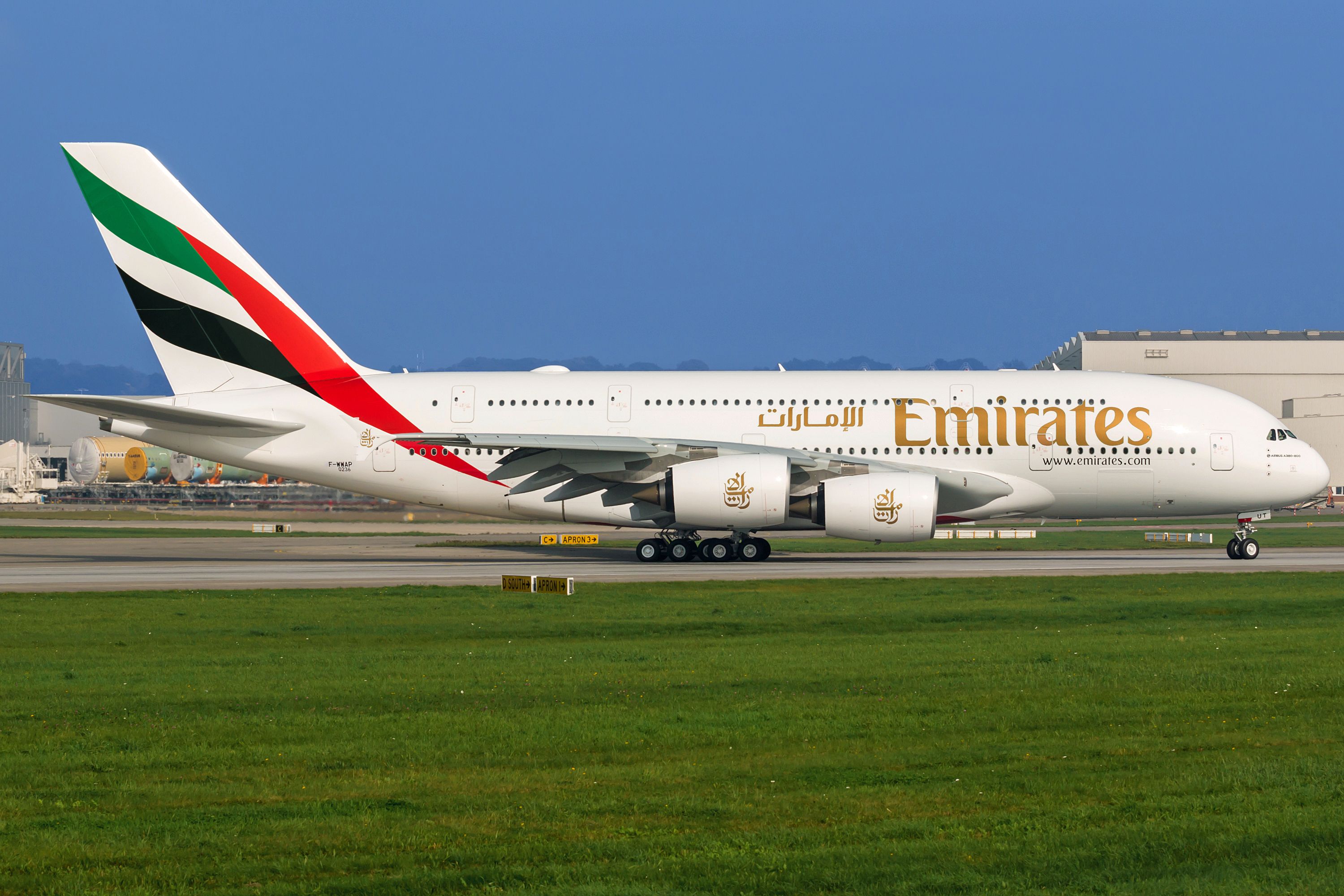 Emirates A380 on a taxiway.